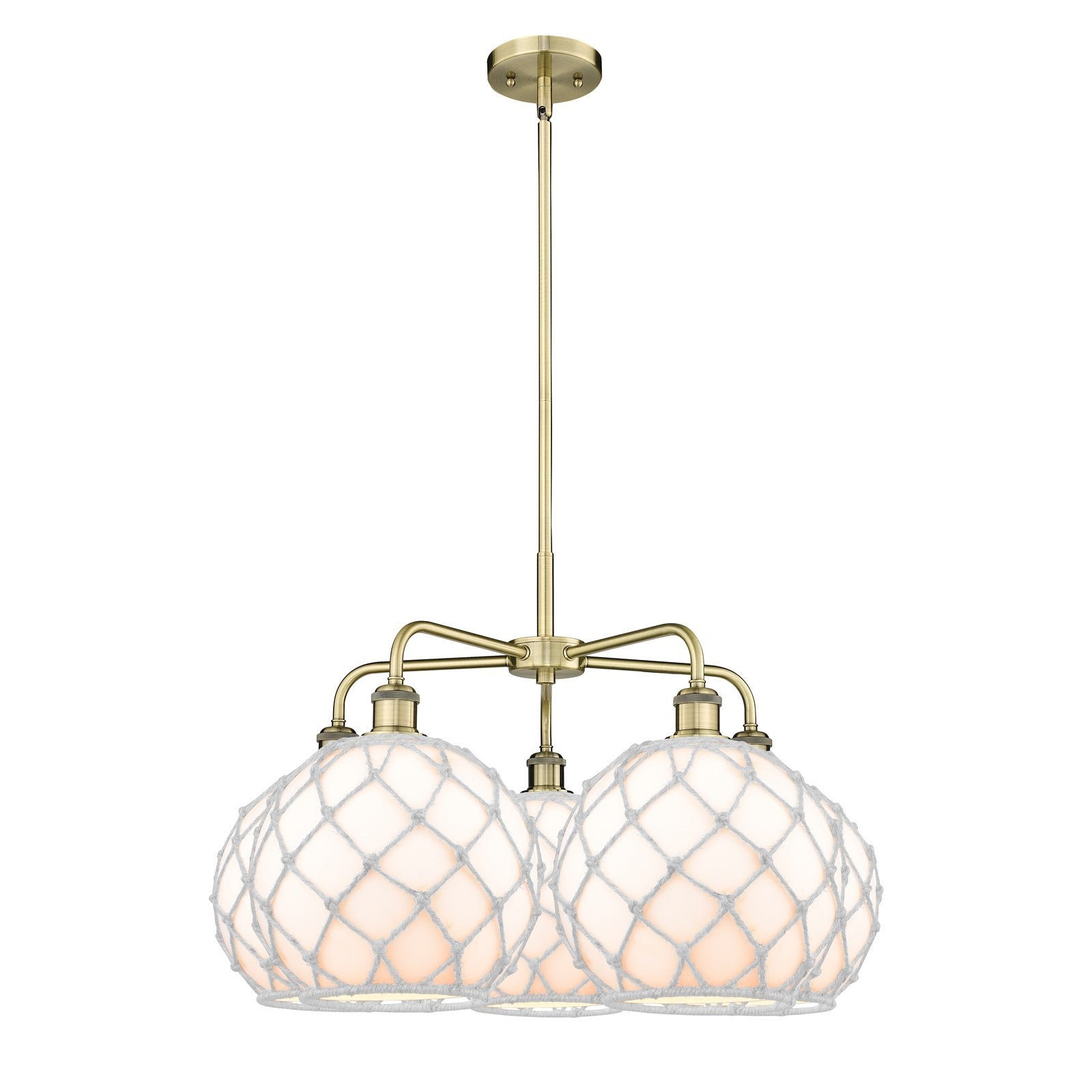 Innovations Farmhouse Rope 29in 5-Light Chandelier | Industrial Antique Brass Steel and White Glass with Rope | Dining Room & | Model 516-5CR-AB-G121-10RW