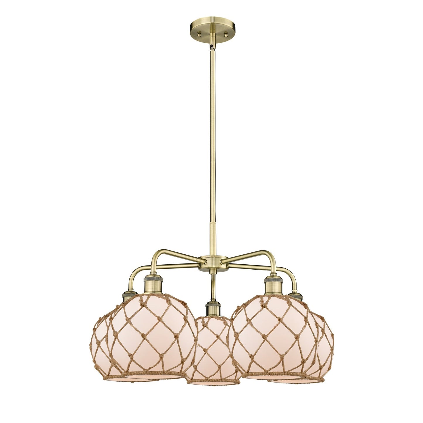 Innovations Farmhouse Rope 27in 5-Light Chandelier | Industrial Antique Brass Steel and White Frosted Glass with Brown Rope | Model 516-5CR-AB-G121-8RB