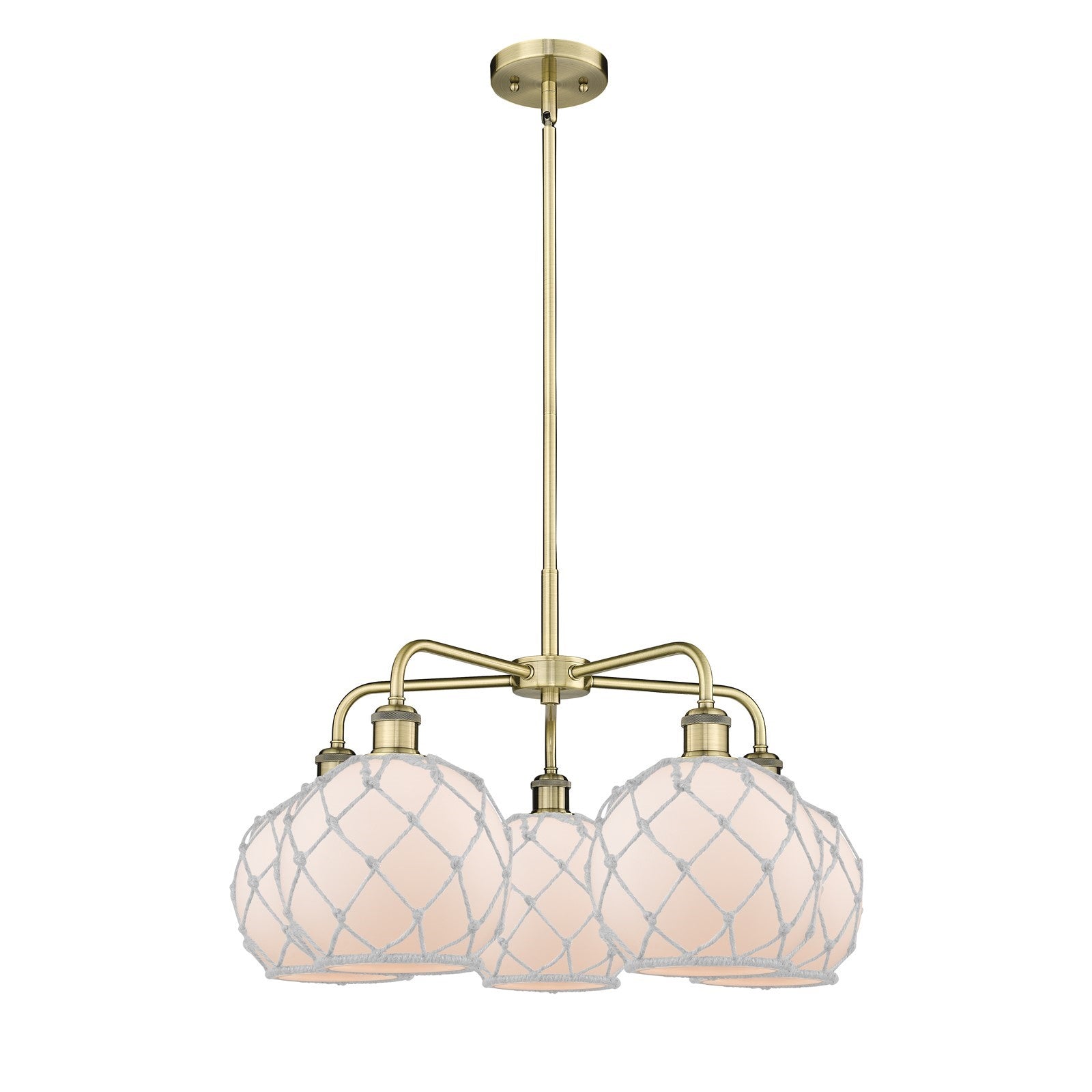 Innovations Farmhouse Rope 27in 5-Light Chandelier | Industrial Antique Brass and White Frosted Glass Rope Shade | Dining Room | Model 516-5CR-AB-G121-8RW