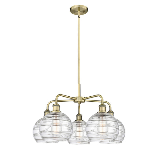 Innovations Athens Deco Swirl 27in 5-Light Chandelier | Industrial Antique Brass and Clear Deco Swirl Glass | Dining Room & | Model 516-5CR-AB-G1213-8CL