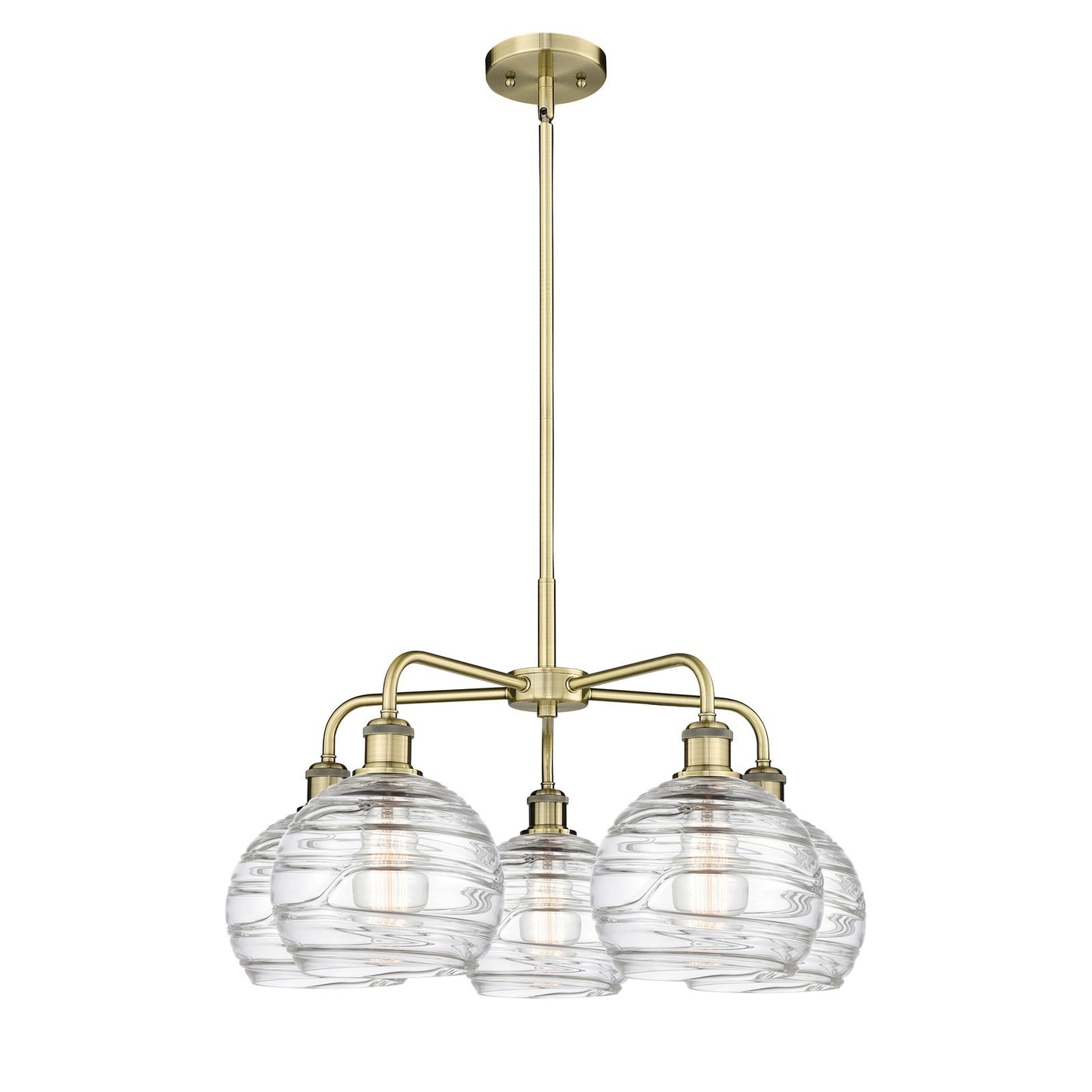 Innovations Athens Deco Swirl 27in 5-Light Chandelier | Industrial Antique Brass and Clear Deco Swirl Glass | Dining Room & | Model 516-5CR-AB-G1213-8CL