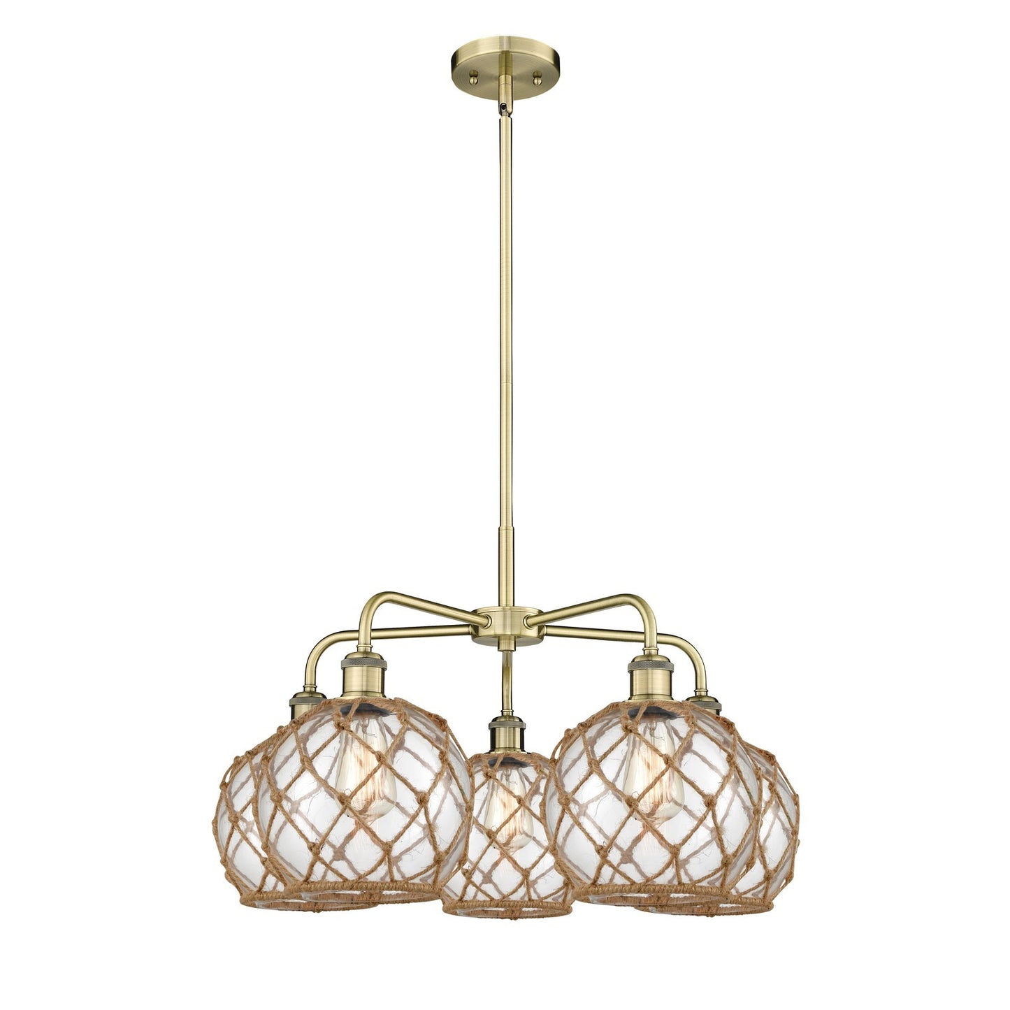 Innovations Farmhouse Rope 27in 5-Light Chandelier | Industrial Antique Brass and Clear Glass with Brown Rope | Dining Room & | Model 516-5CR-AB-G122-8RB