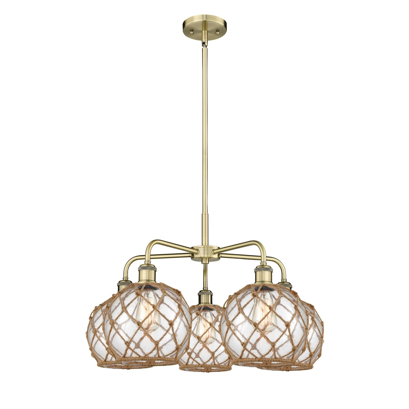Innovations Farmhouse Rope 27in 5-Light Chandelier | Industrial Antique Brass and Clear Glass with Brown Rope | Dining Room & | Model 516-5CR-AB-G122-8RB