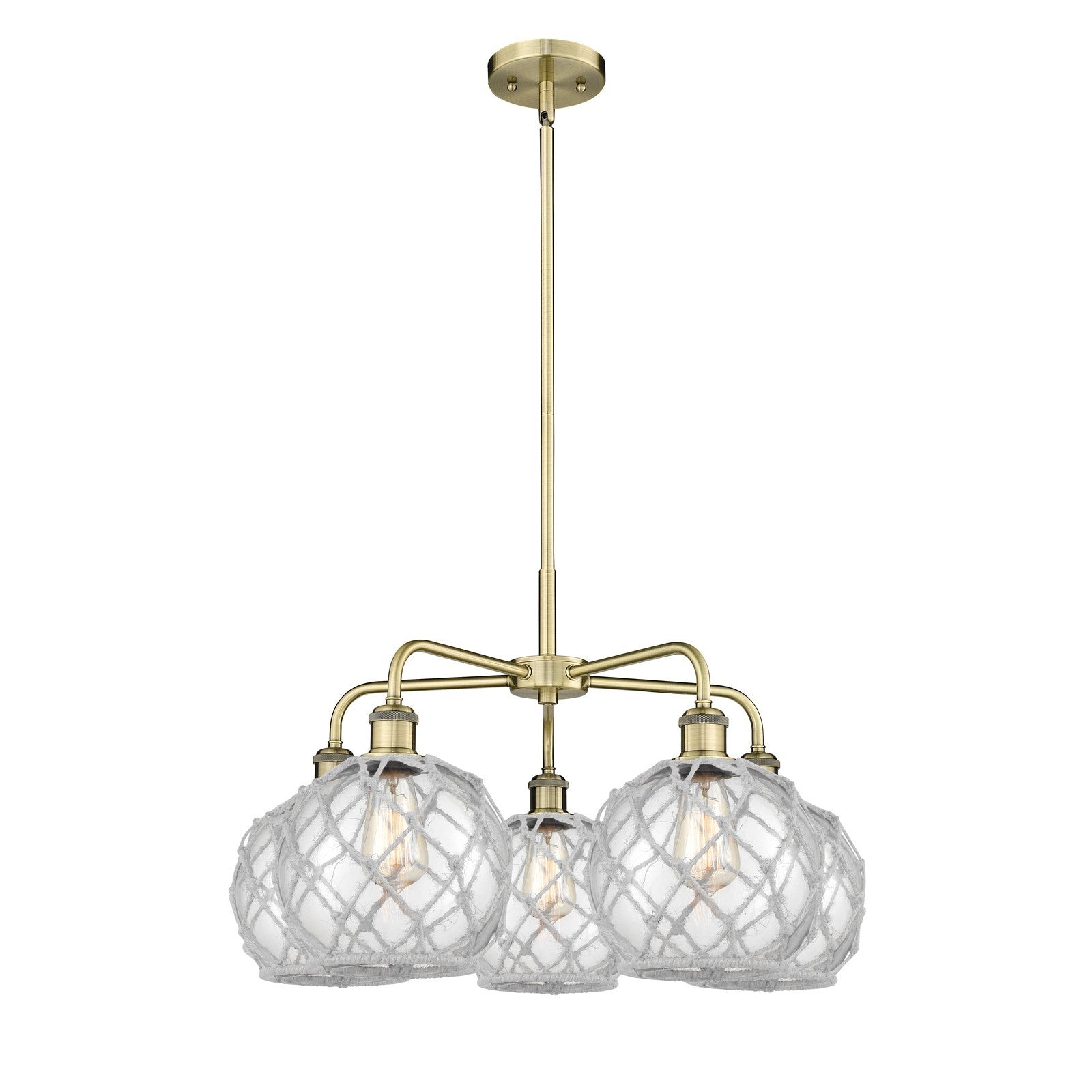 Innovations Farmhouse Rope 27in 5-Light Chandelier | Industrial Antique Brass and Clear Glass with White Rope | Dining Room & | Model 516-5CR-AB-G122-8RW
