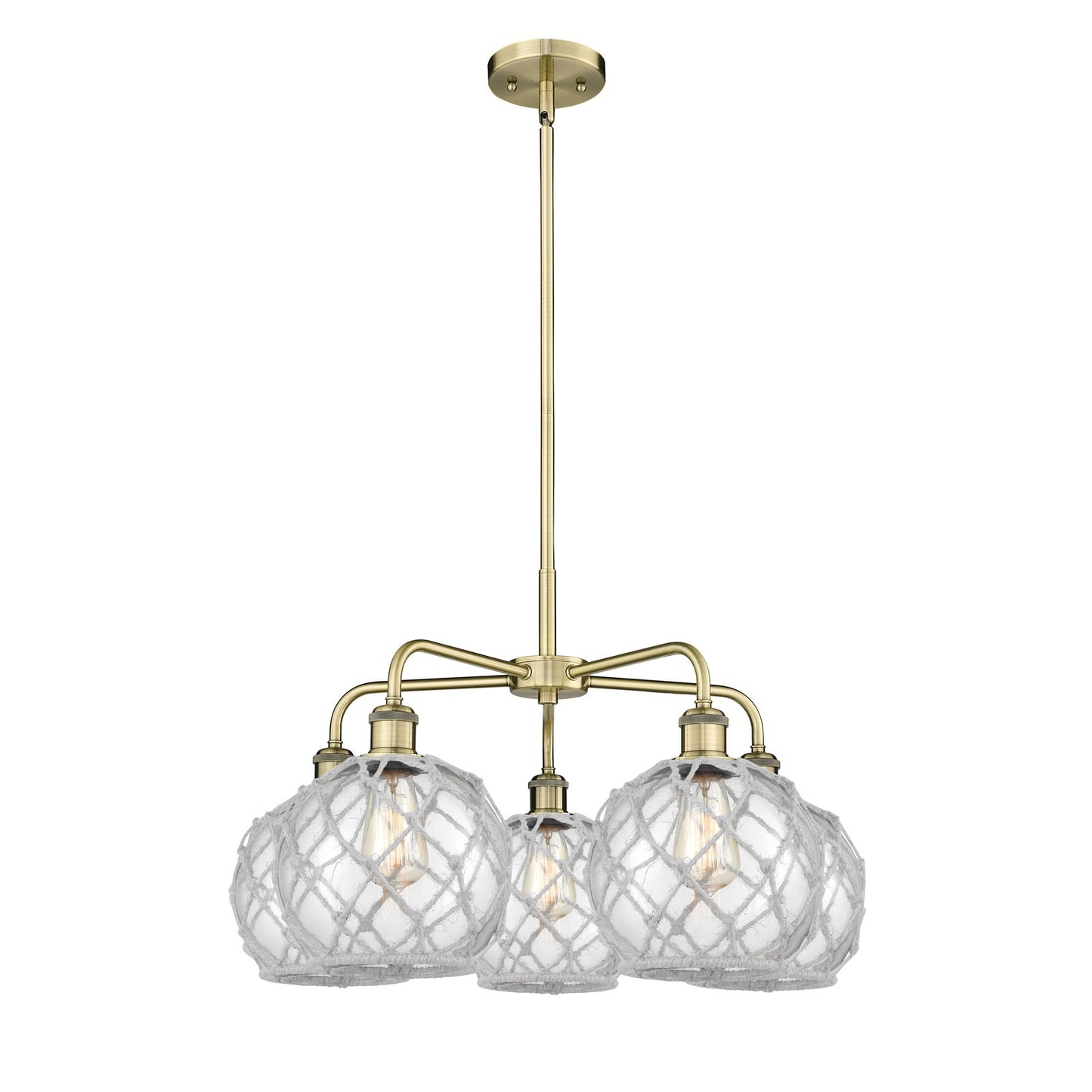 Innovations Farmhouse Rope 27in 5-Light Chandelier | Industrial Antique Brass and Clear Glass with White Rope | Dining Room & | Model 516-5CR-AB-G122-8RW
