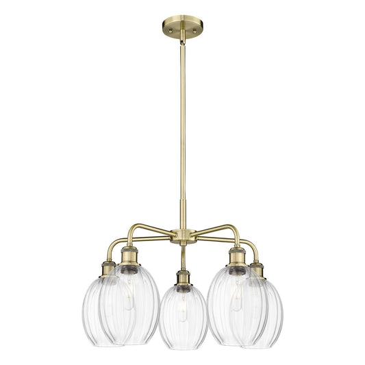 Innovations Preston Bulb 25in 5-Light Chandelier | Industrial Antique Brass and Clear Glass | Kitchen Island & Dining Room | Model 516-5CR-AB-G459-6CL