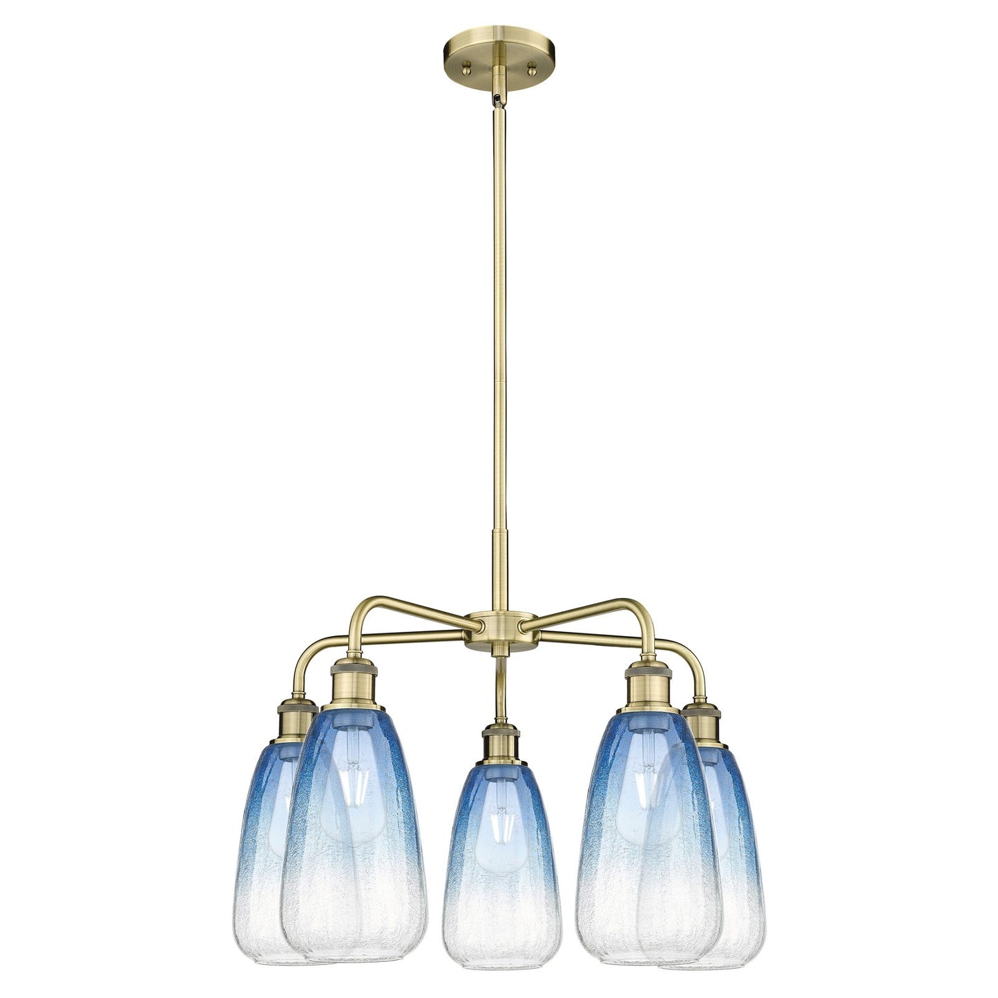 Innovations Brookhaven Almond 25in 5-Light Chandelier | Industrial Antique Brass and Sapphire Blue Glass | Dining Room & | Model 516-5CR-AB-G480-6SB