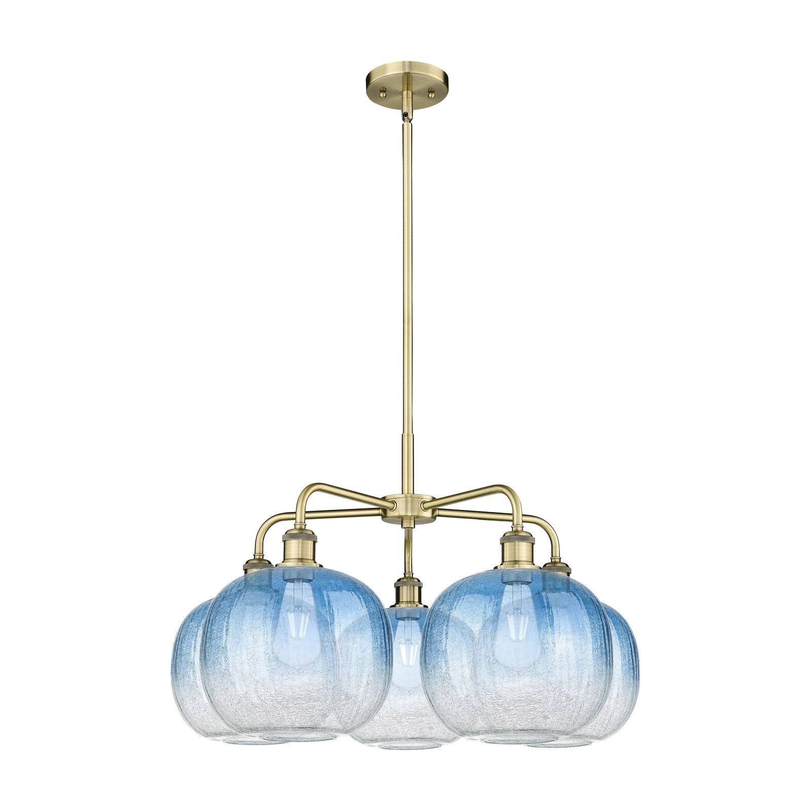 Innovations Brookhaven Sphere 29in 5-Light Chandelier | Industrial Antique Brass and Sapphire Blue Glass | Kitchen Island & | Model 516-5CR-AB-G481-10SB