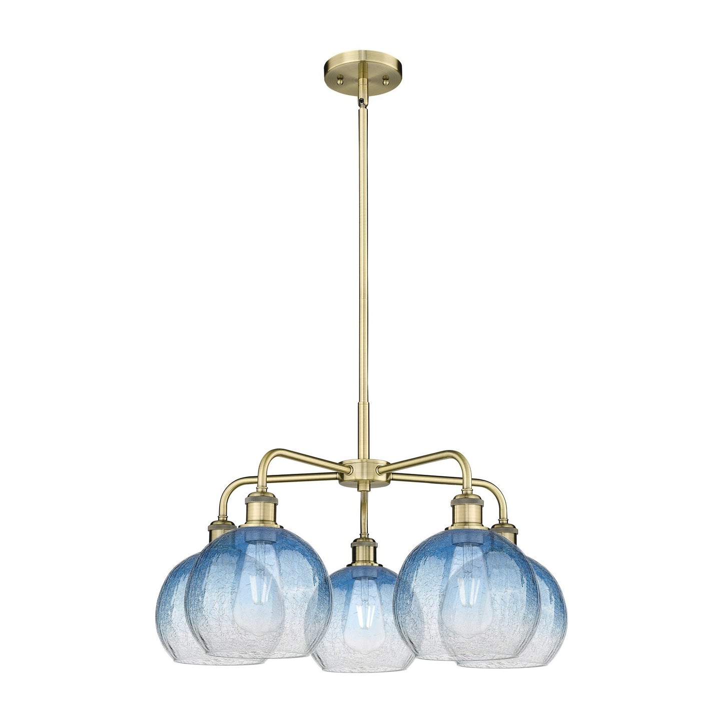 Innovations Brookhaven Globe 26in 5-Light Chandelier | Industrial Antique Brass and Sapphire Blue Glass | Dining Room & Living | Model 516-5CR-AB-G483-8SB