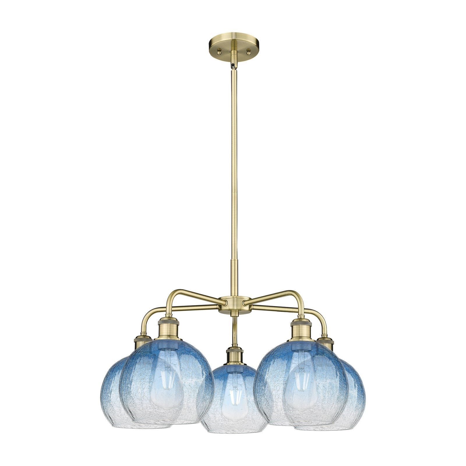 Innovations Brookhaven Globe 26in 5-Light Chandelier | Industrial Antique Brass and Sapphire Blue Glass | Dining Room & Living | Model 516-5CR-AB-G483-8SB