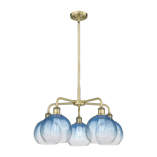Innovations Brookhaven Globe 26in 5-Light Chandelier | Industrial Antique Brass and Sapphire Blue Glass | Dining Room & Living | Model 516-5CR-AB-G483-8SB