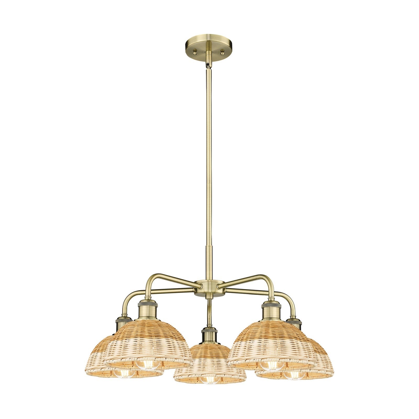 Innovations Lighting Bristol Natural II 26in 5-Light Chandelier | Industrial Antique Brass Steel and Natural Fiber Dome | Model 516-5CR-AB-NBD2-75-NAT