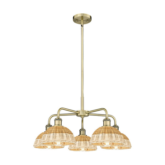 Innovations Lighting Bristol Natural II 26in 5-Light Chandelier | Industrial Antique Brass Steel and Natural Fiber Dome | Model 516-5CR-AB-NBD2-75-NAT