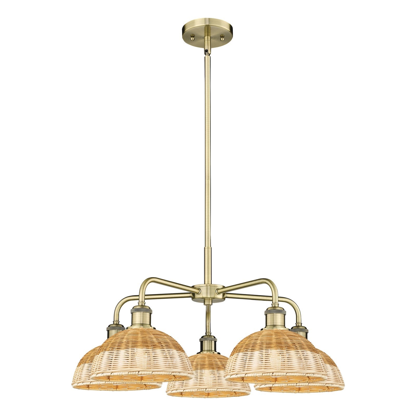 Innovations Bristol Natural II 28in 5-Light Chandelier | Industrial Antique Brass and Natural Fiber Dome Shade | Dining Room | Model 516-5CR-AB-NBD2-9-NAT