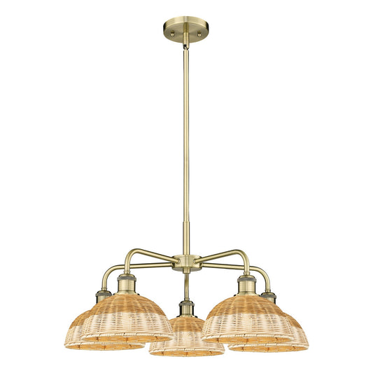 Innovations Bristol Natural II 28in 5-Light Chandelier | Industrial Antique Brass and Natural Fiber Dome Shade | Dining Room | Model 516-5CR-AB-NBD2-9-NAT