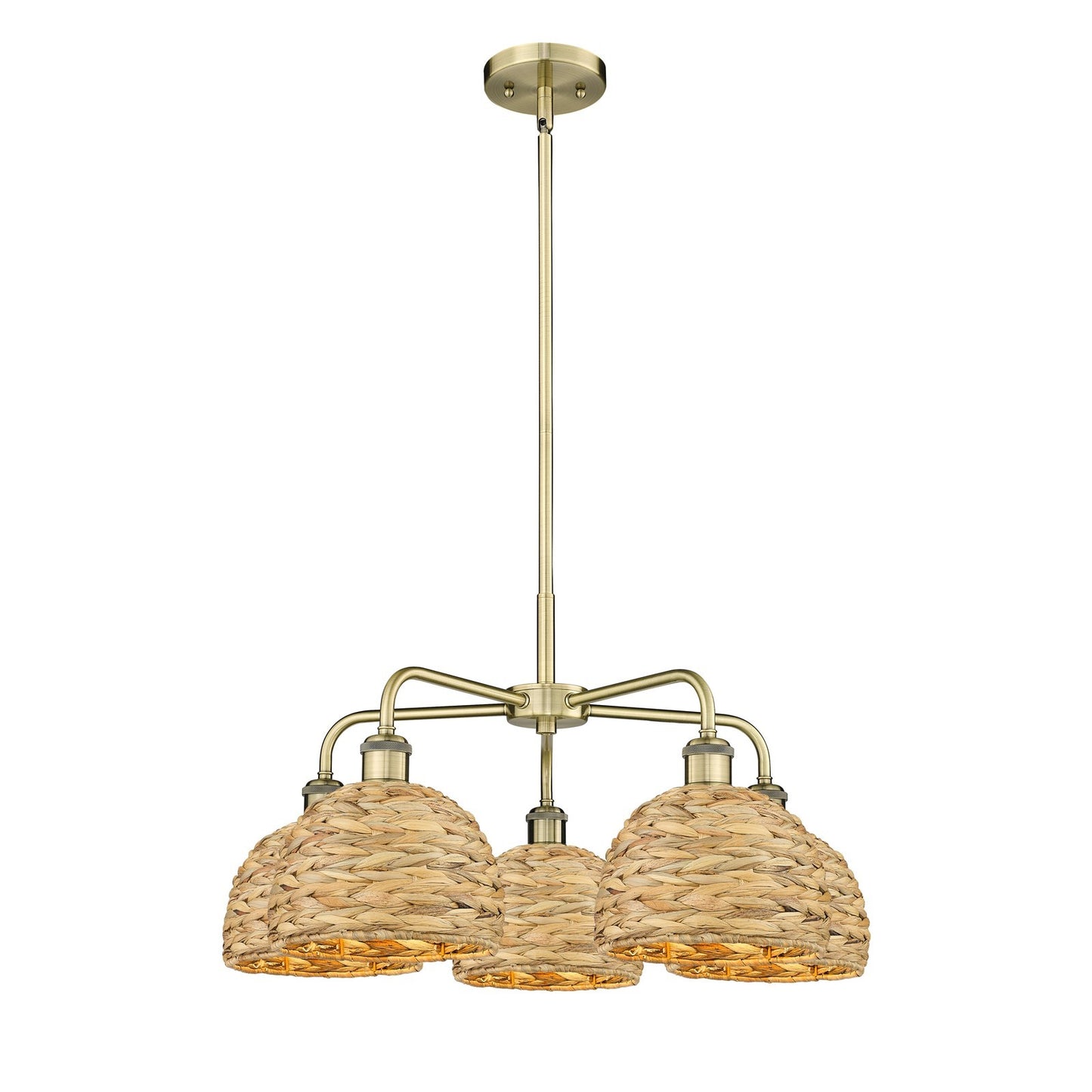 Innovations Woven Rattan 27in 5-Light Chandelier | Industrial Antique Brass and Natural Rattan | Dining Room & Living Room | Model 516-5CR-AB-RBD-8-NAT