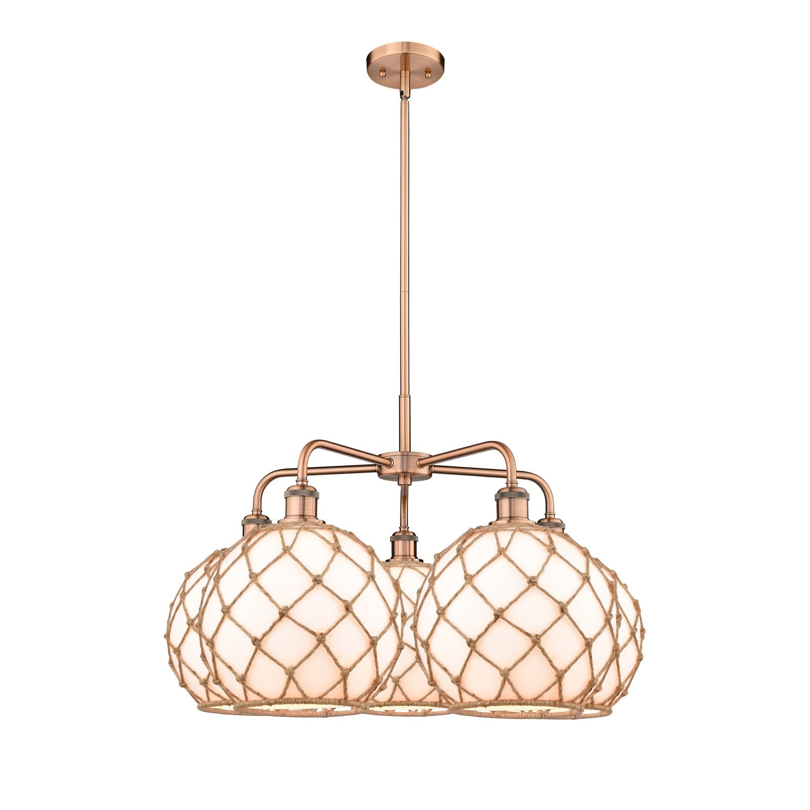 Innovations Farmhouse Rope 29in 5-Light Chandelier | Industrial Antique Copper Steel and Matte White Glass with Brown Rope | Model 516-5CR-AC-G121-10RB