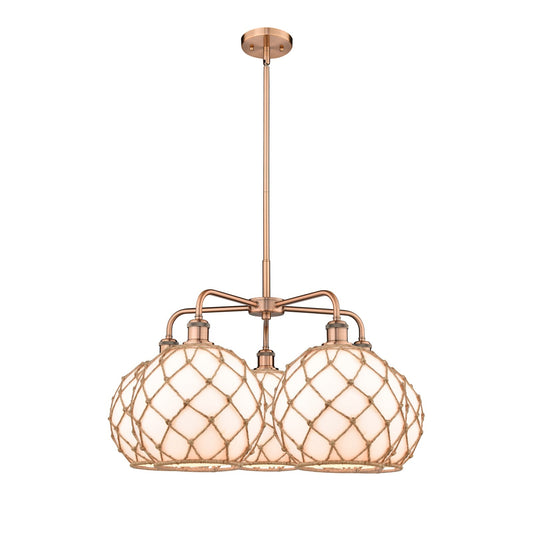 Innovations Farmhouse Rope 29in 5-Light Chandelier | Industrial Antique Copper Steel and Matte White Glass with Brown Rope | Model 516-5CR-AC-G121-10RB