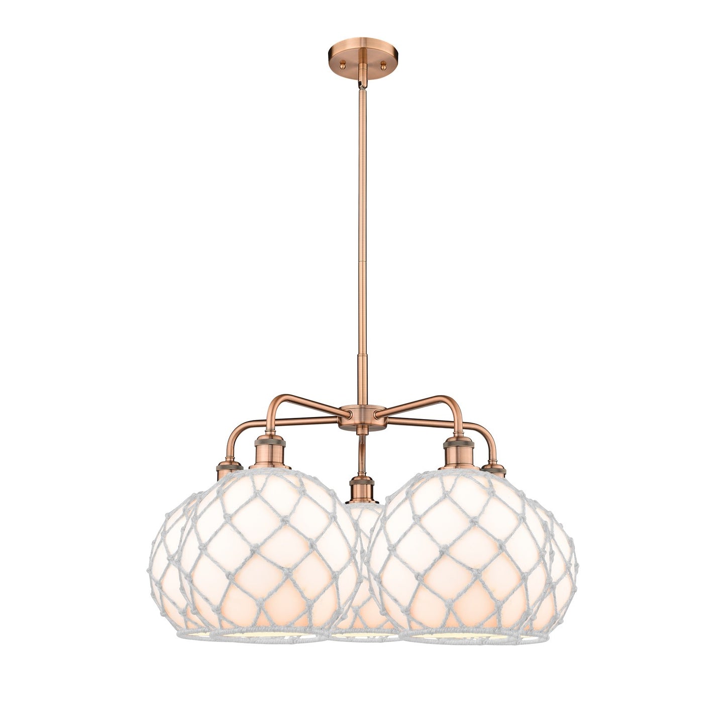 Innovations Farmhouse Rope 29in 5-Light Chandelier | Industrial Antique Copper Steel and White Glass with Rope | Dining Room | Model 516-5CR-AC-G121-10RW