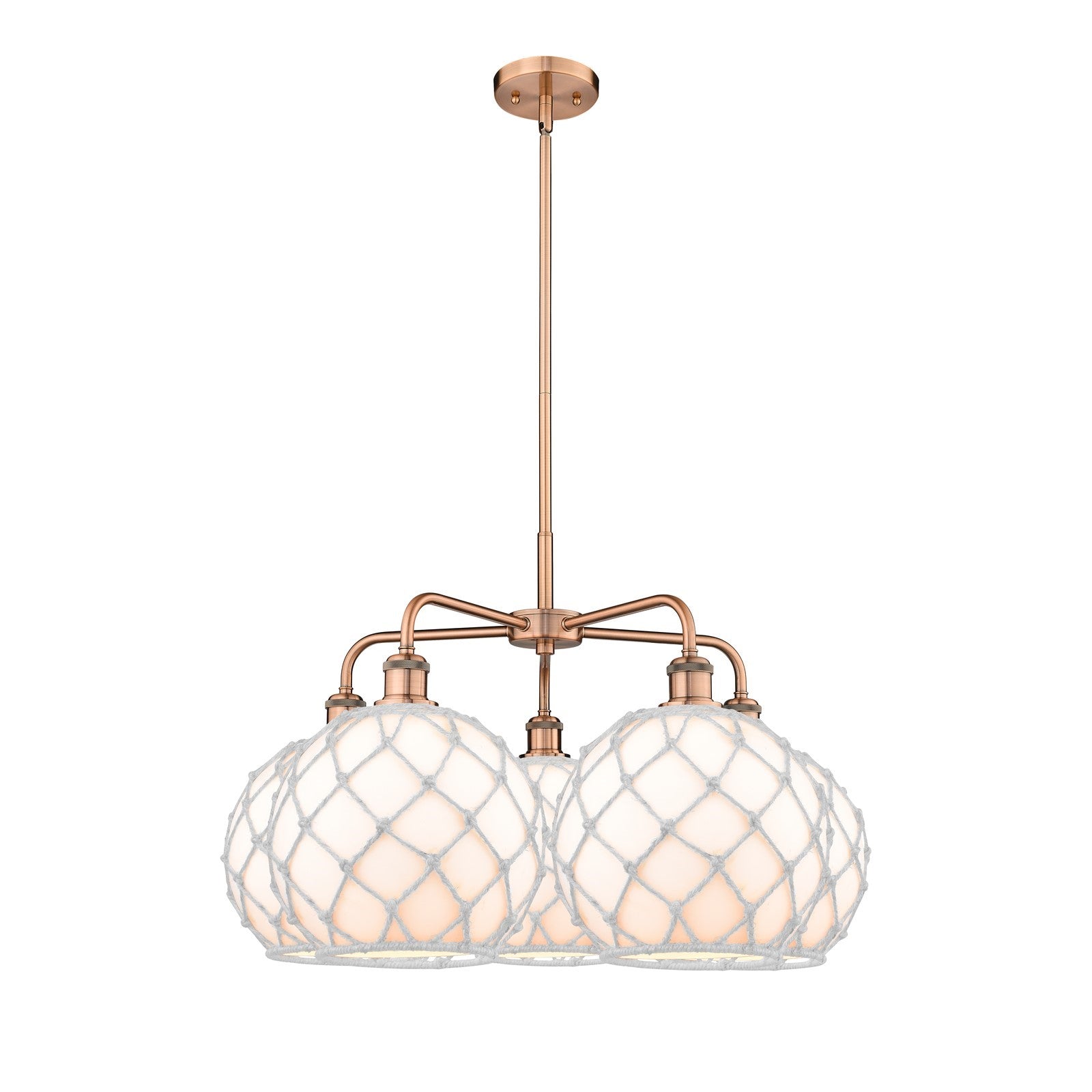 Innovations Farmhouse Rope 29in 5-Light Chandelier | Industrial Antique Copper Steel and White Glass with Rope | Dining Room | Model 516-5CR-AC-G121-10RW