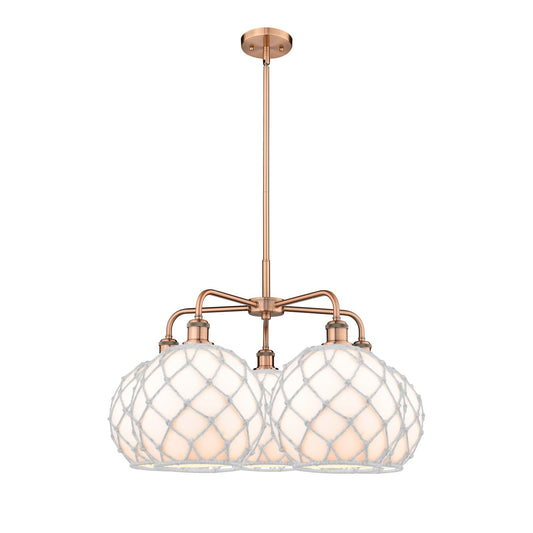 Innovations Farmhouse Rope 29in 5-Light Chandelier | Industrial Antique Copper Steel and White Glass with Rope | Dining Room | Model 516-5CR-AC-G121-10RW