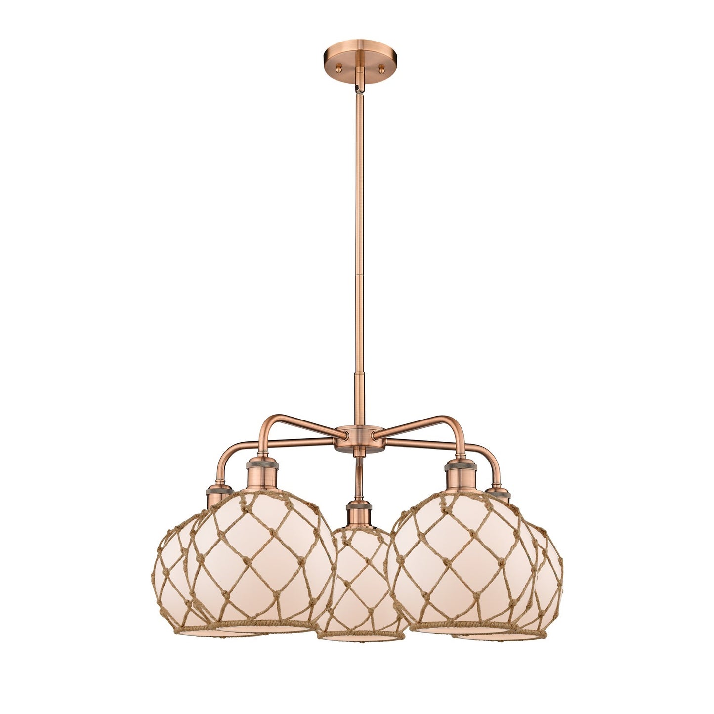 Innovations Farmhouse Rope 27in 5-Light Chandelier | Industrial Antique Copper and White Glass with Brown Rope | Dining Room & | Model 516-5CR-AC-G121-8RB