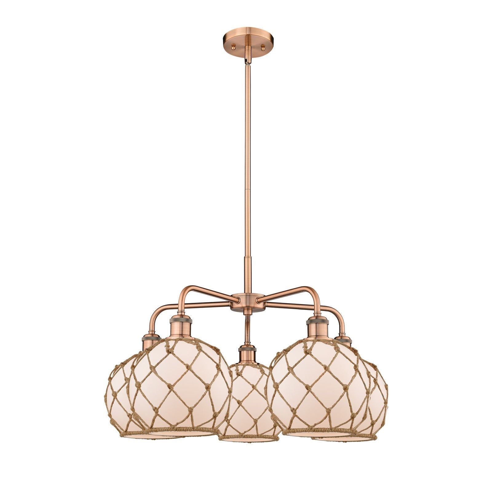 Innovations Farmhouse Rope 27in 5-Light Chandelier | Industrial Antique Copper and White Glass with Brown Rope | Dining Room & | Model 516-5CR-AC-G121-8RB