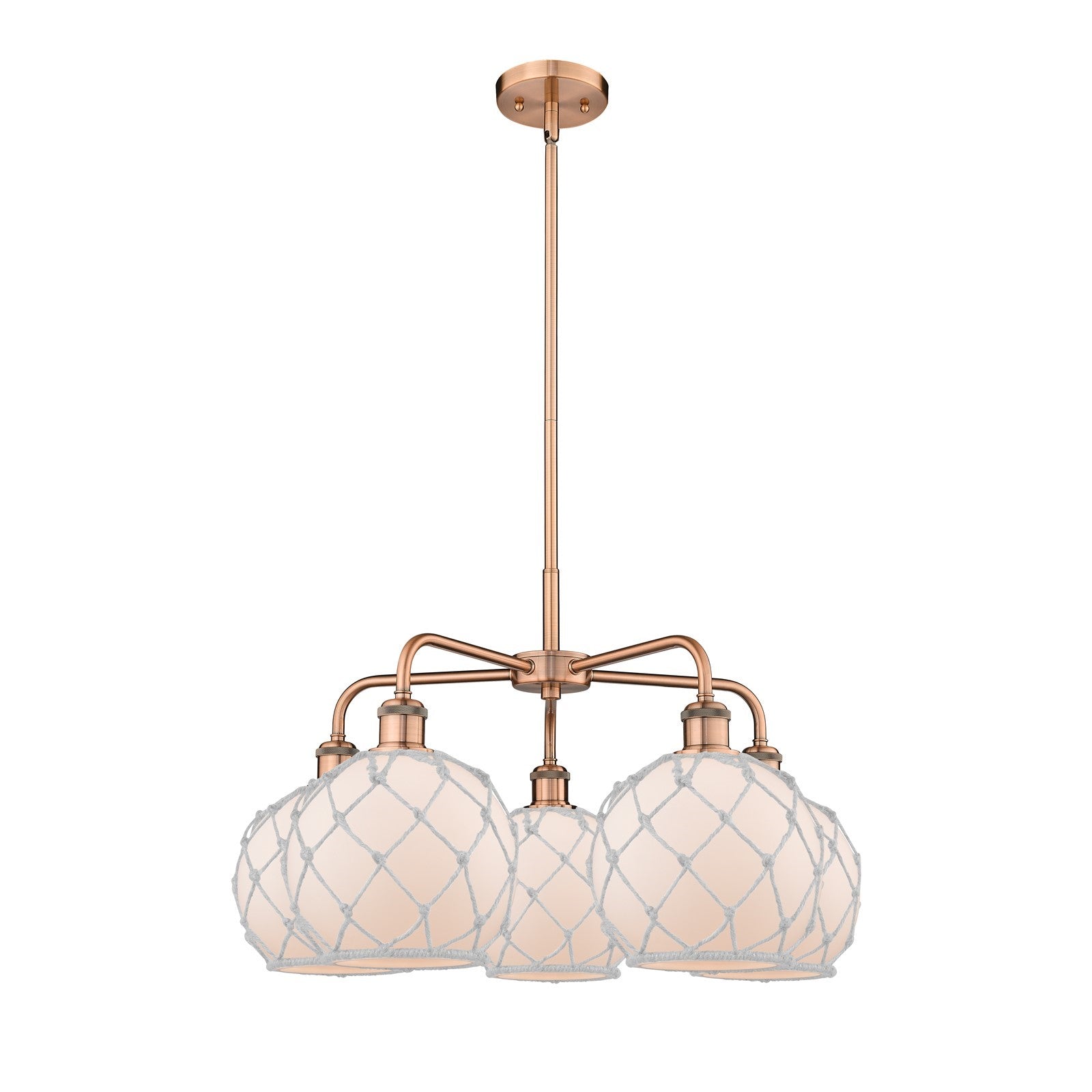 Innovations Farmhouse Rope 27in 5-Light Chandelier | Industrial Antique Copper and White Frosted Glass with Rope | Dining Room | Model 516-5CR-AC-G121-8RW
