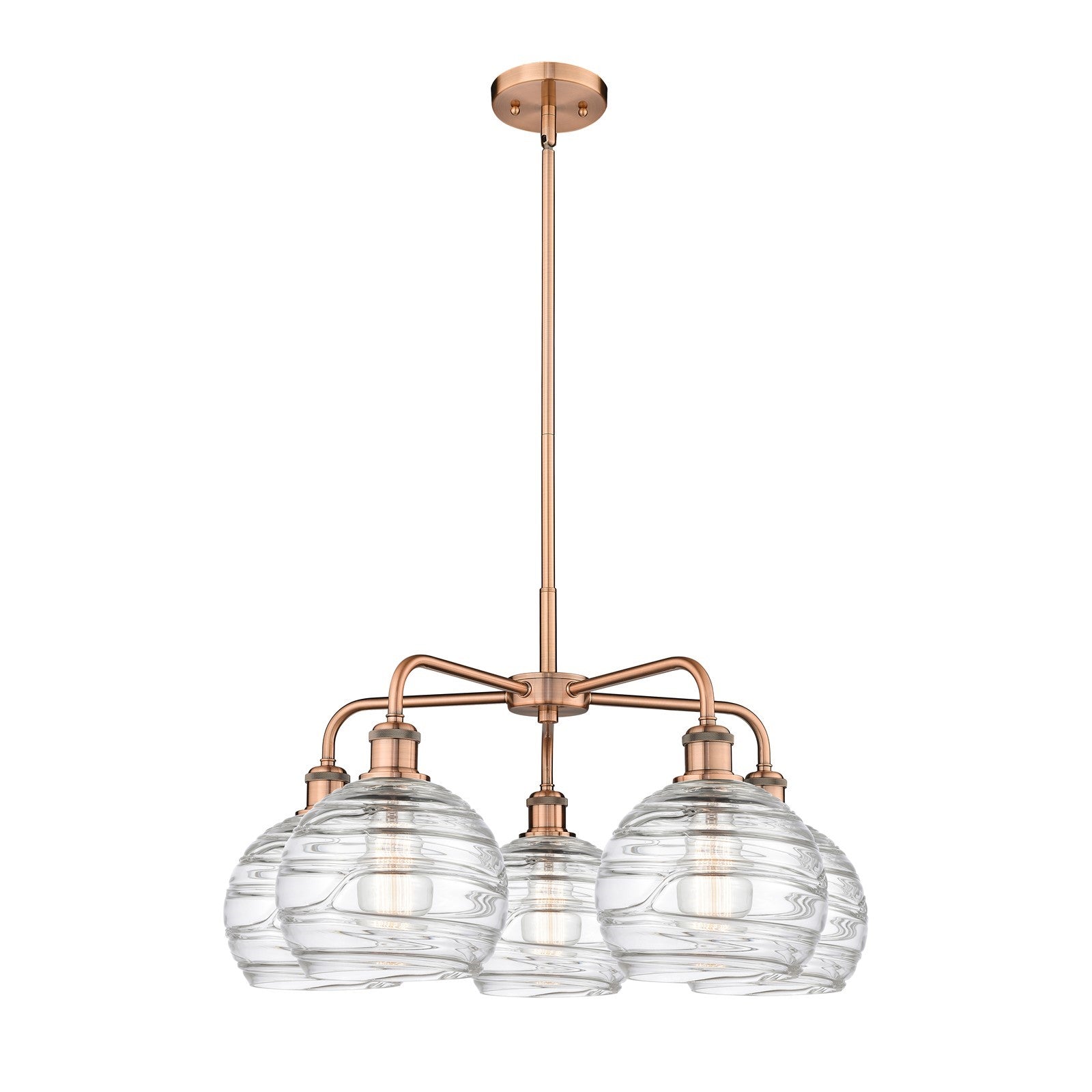 Innovations Athens Deco Swirl 27in 5-Light Chandelier | Industrial Antique Copper Steel and Clear Deco Swirl Glass | Dining | Model 516-5CR-AC-G1213-8CL