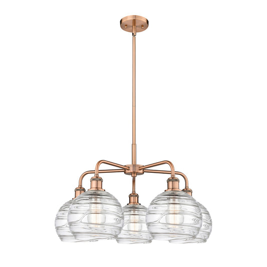 Innovations Athens Deco Swirl 27in 5-Light Chandelier | Industrial Antique Copper Steel and Clear Deco Swirl Glass | Dining | Model 516-5CR-AC-G1213-8CL