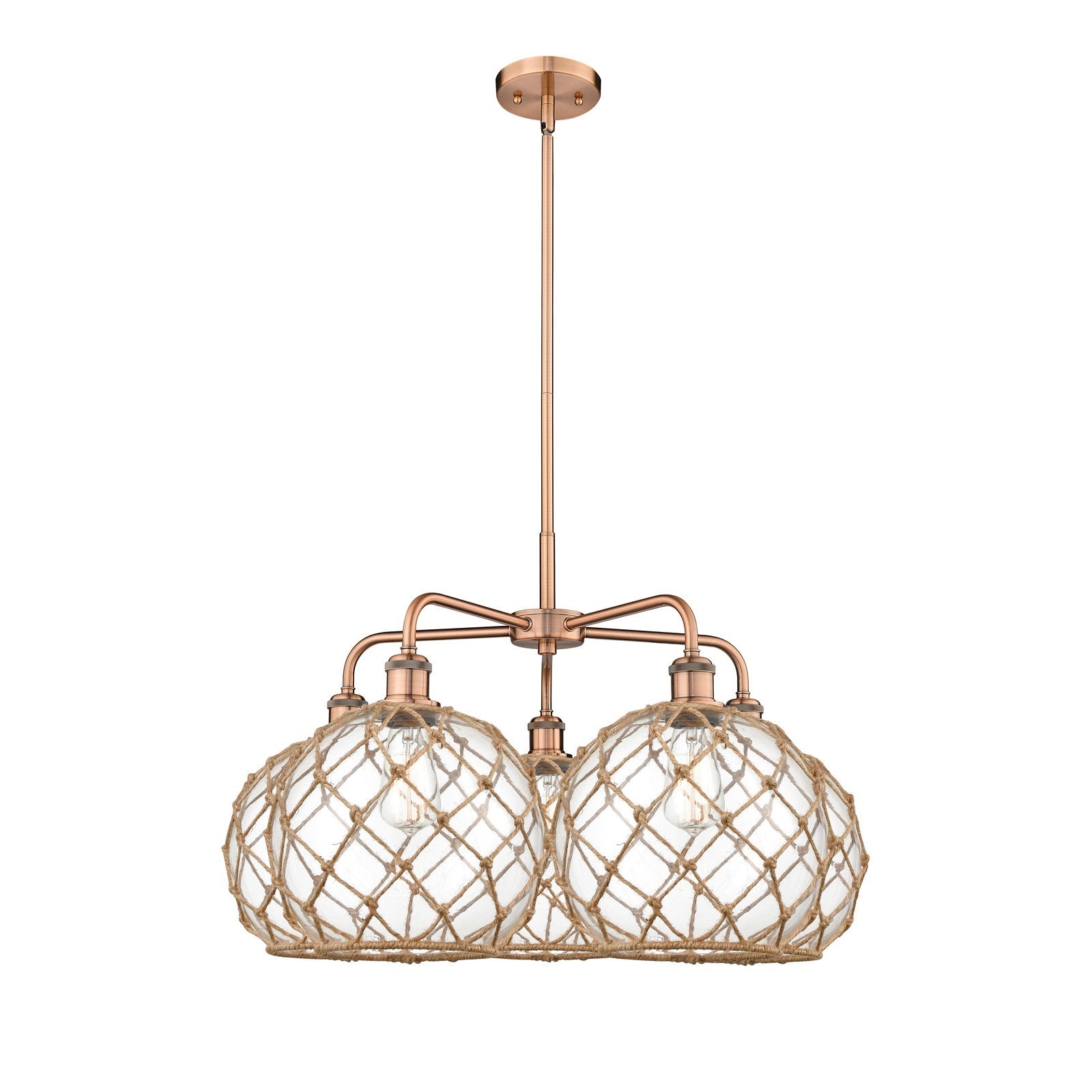 Innovations Farmhouse Rope 29in 5-Light Chandelier | Industrial Antique Copper and Clear Glass | Kitchen Island & Dining Room | Model 516-5CR-AC-G122-10RB