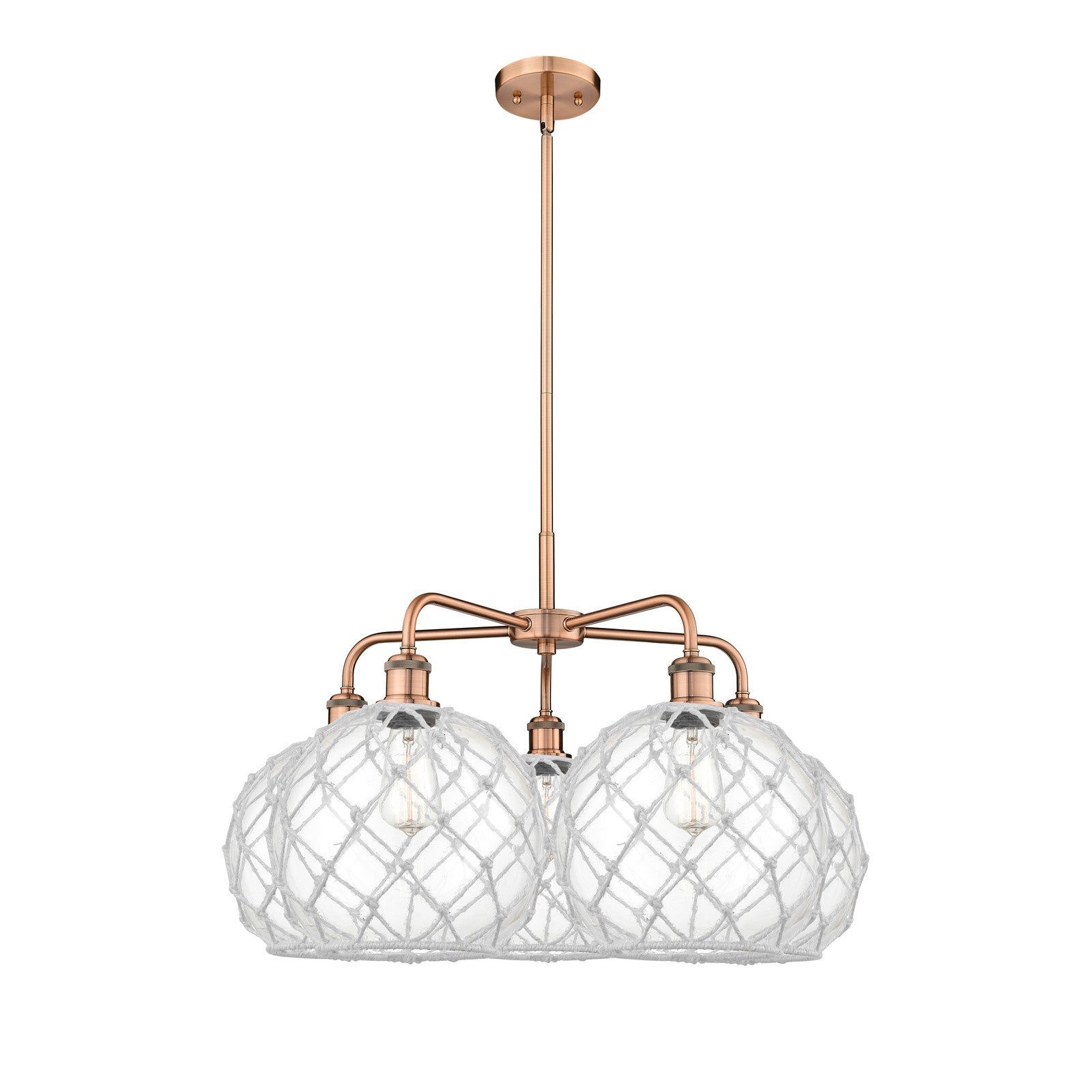 Innovations Farmhouse Rope 29in 5-Light Chandelier | Industrial Antique Copper and Clear Glass with White Rope | Kitchen | Model 516-5CR-AC-G122-10RW