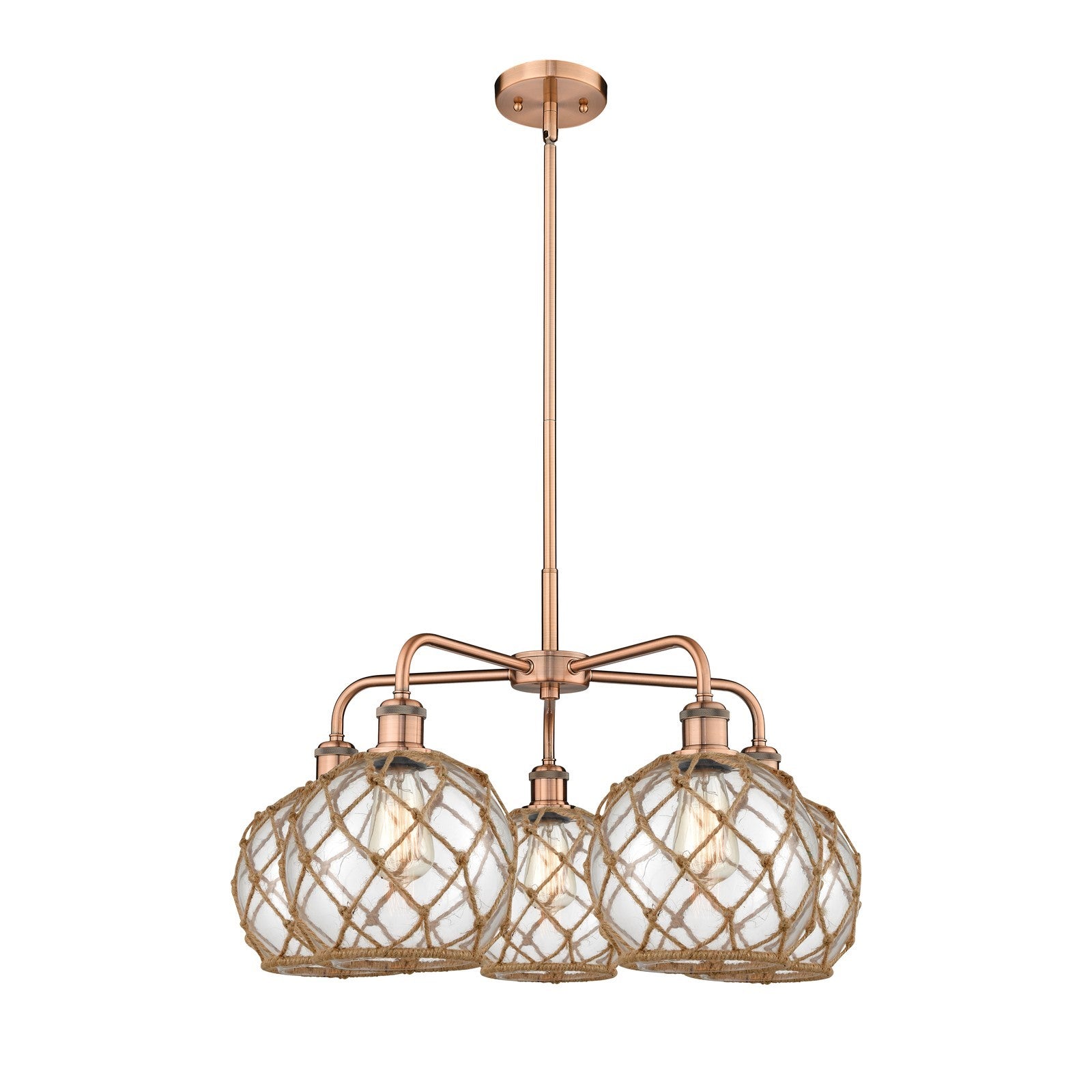Innovations Farmhouse Rope 27in 5-Light Chandelier | Industrial Antique Copper and Clear Glass with Brown Rope | Dining Room & | Model 516-5CR-AC-G122-8RB