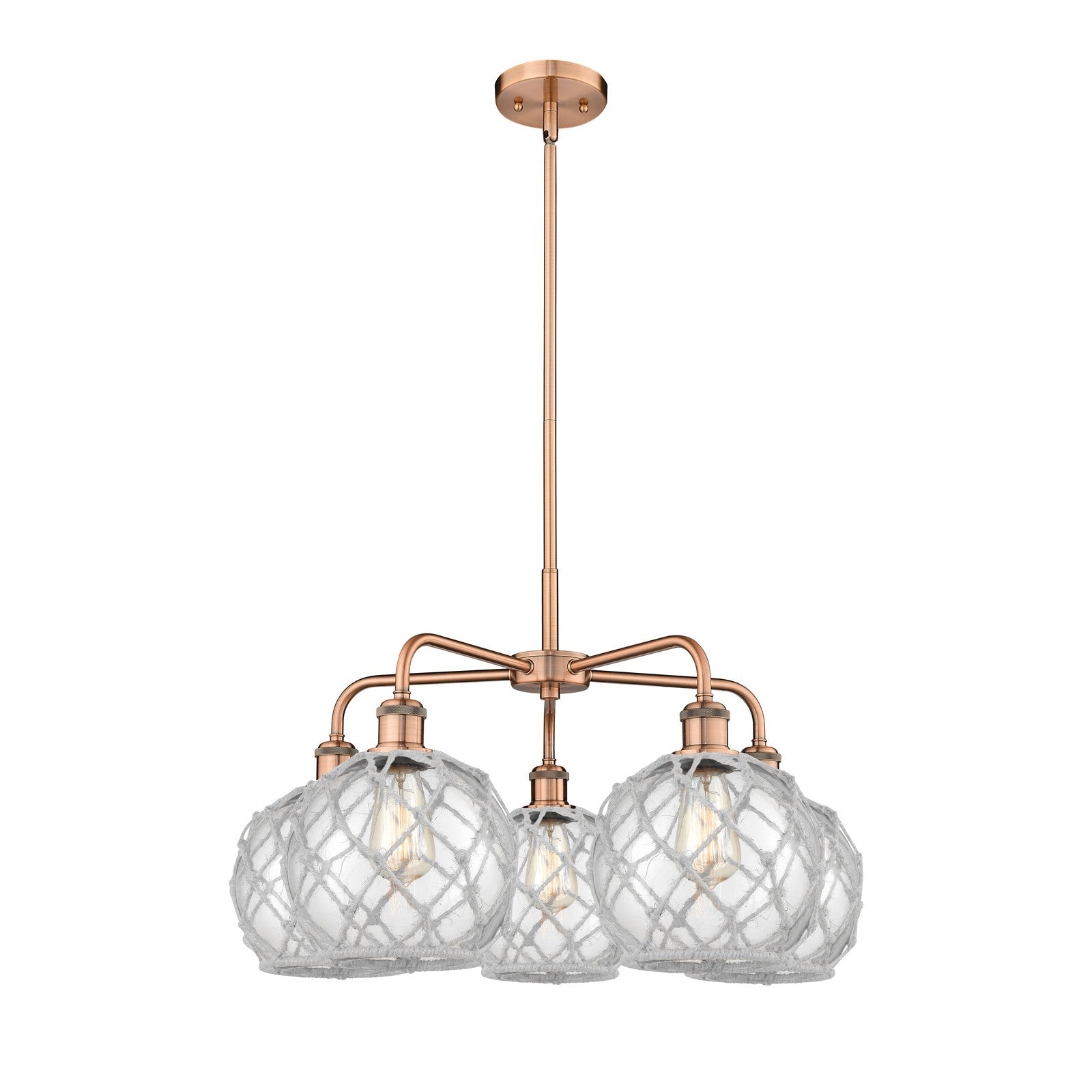 Innovations Farmhouse Rope 27in 5-Light Chandelier | Industrial Antique Copper and Clear Glass with White Rope Shade | Dining | Model 516-5CR-AC-G122-8RW
