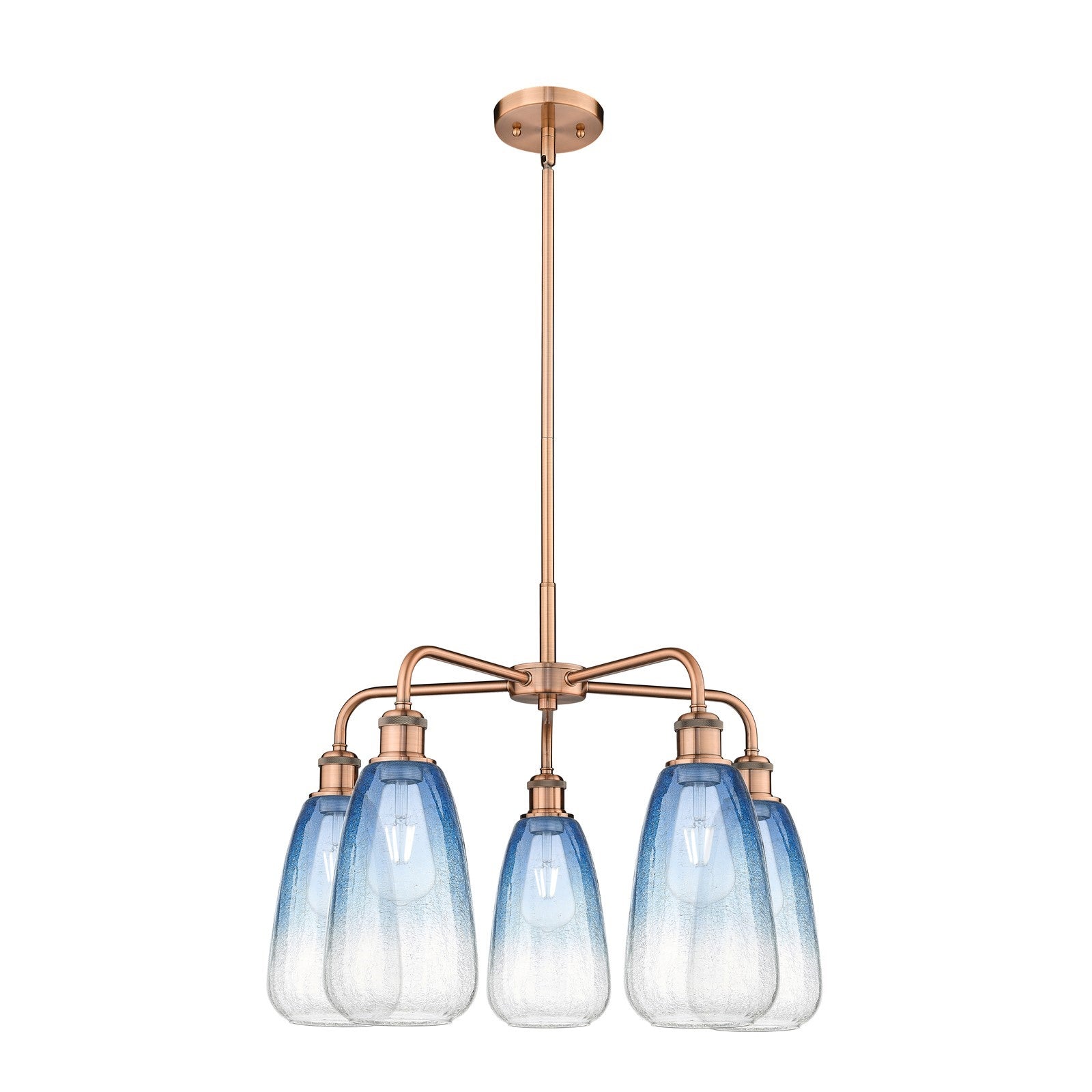 Innovations Brookhaven Almond 25in 5-Light Chandelier | Industrial Antique Copper Steel and Sapphire Blue Glass | Kitchen | Model 516-5CR-AC-G480-6SB