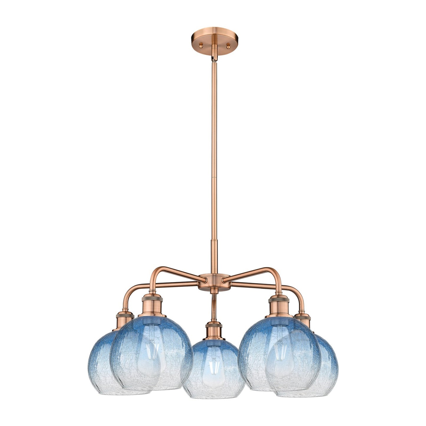 Innovations Brookhaven Globe 26in 5-Light Chandelier | Industrial Antique Copper and Sapphire Blue Glass | Dining Room & | Model 516-5CR-AC-G483-8SB
