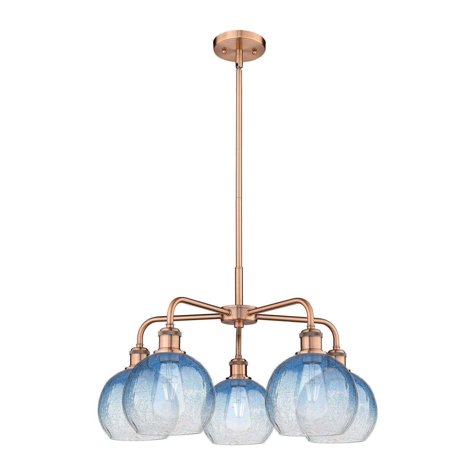 Innovations Brookhaven Globe 26in 5-Light Chandelier | Industrial Antique Copper and Sapphire Blue Glass | Dining Room & | Model 516-5CR-AC-G483-8SB
