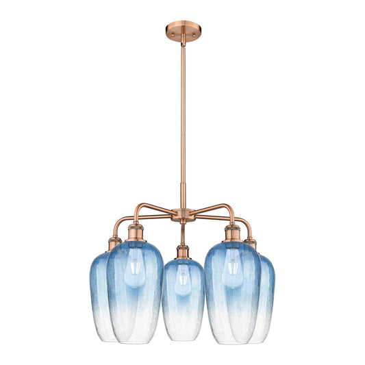 Innovations Brookhaven Flute 26in 5-Light Chandelier | Industrial Antique Copper Steel and Sapphire Blue Glass | Kitchen | Model 516-5CR-AC-G484-7SB