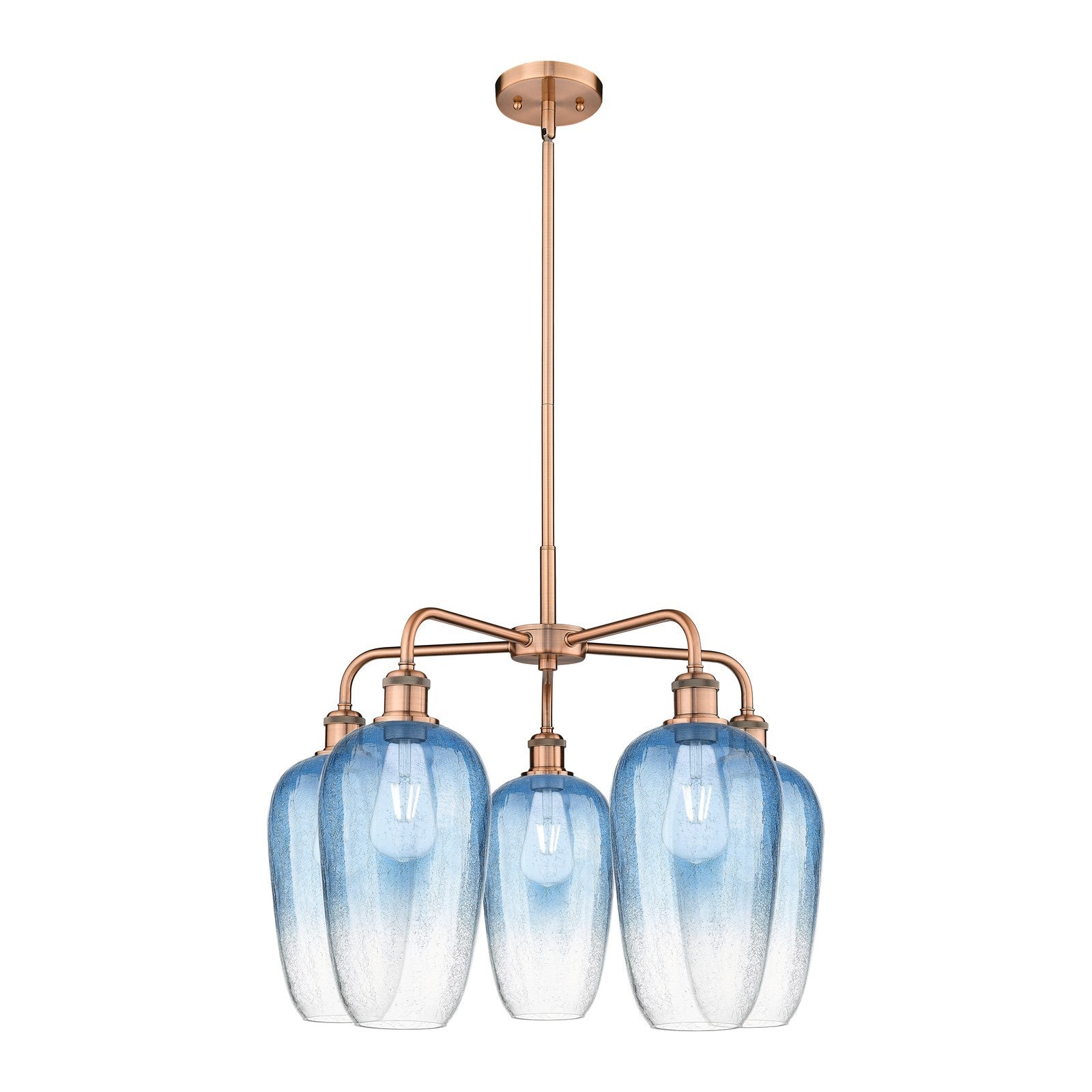 Innovations Brookhaven Flute 26in 5-Light Chandelier | Industrial Antique Copper Steel and Sapphire Blue Glass | Kitchen | Model 516-5CR-AC-G484-7SB
