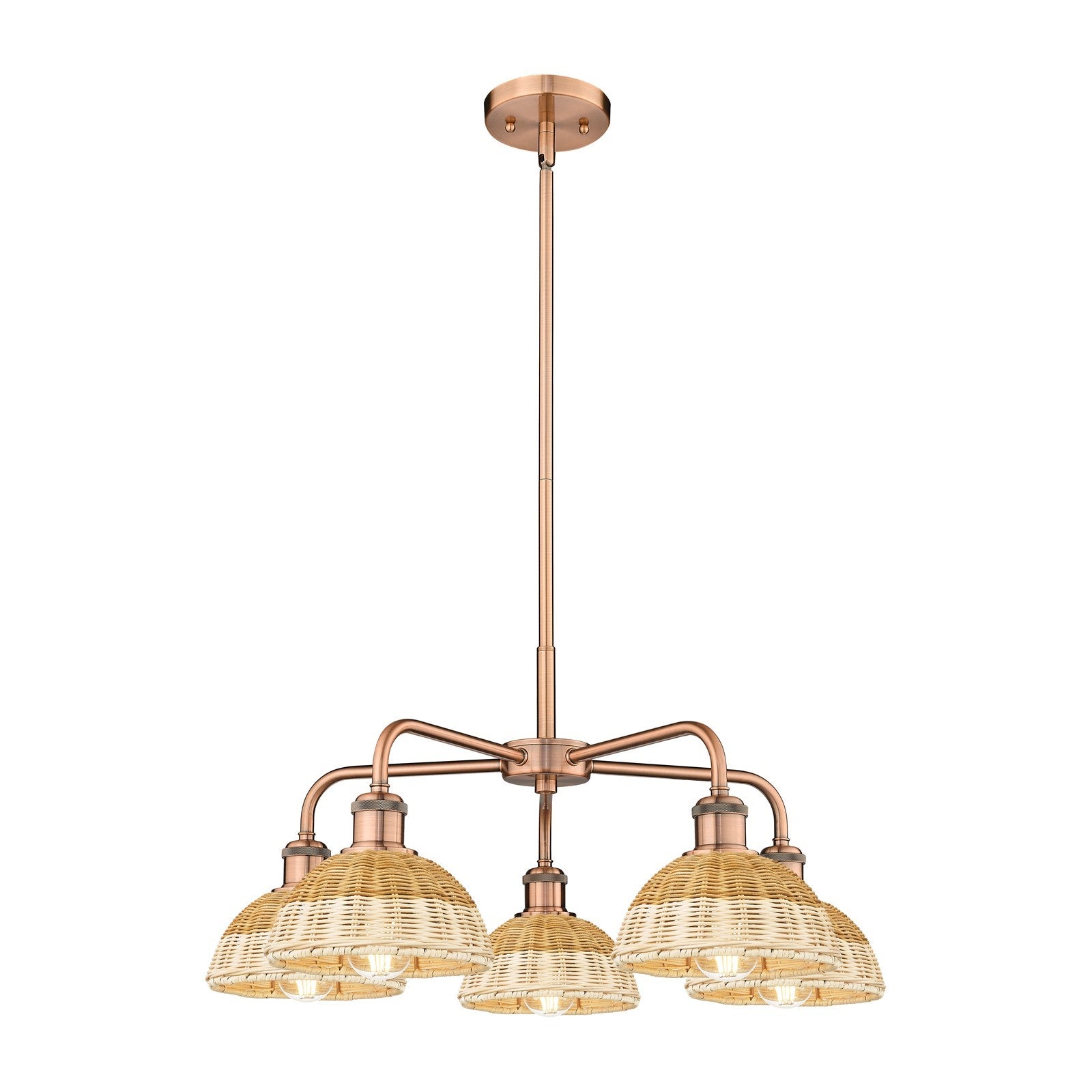 Innovations Bristol Natural II 26in 5-Light Chandelier | Industrial Antique Copper Steel and Natural Fiber Dome Shade | Model 516-5CR-AC-NBD2-75-NAT