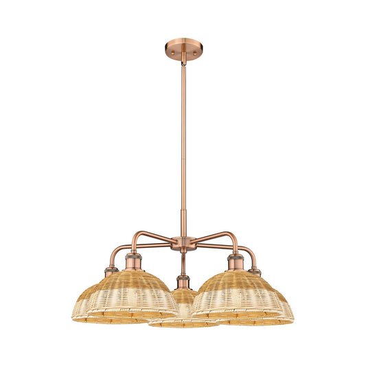 Innovations Lighting Bristol Natural II 28in 5-Light Chandelier | Industrial Antique Copper and Natural Fiber Dome Shade | Model 516-5CR-AC-NBD2-9-NAT