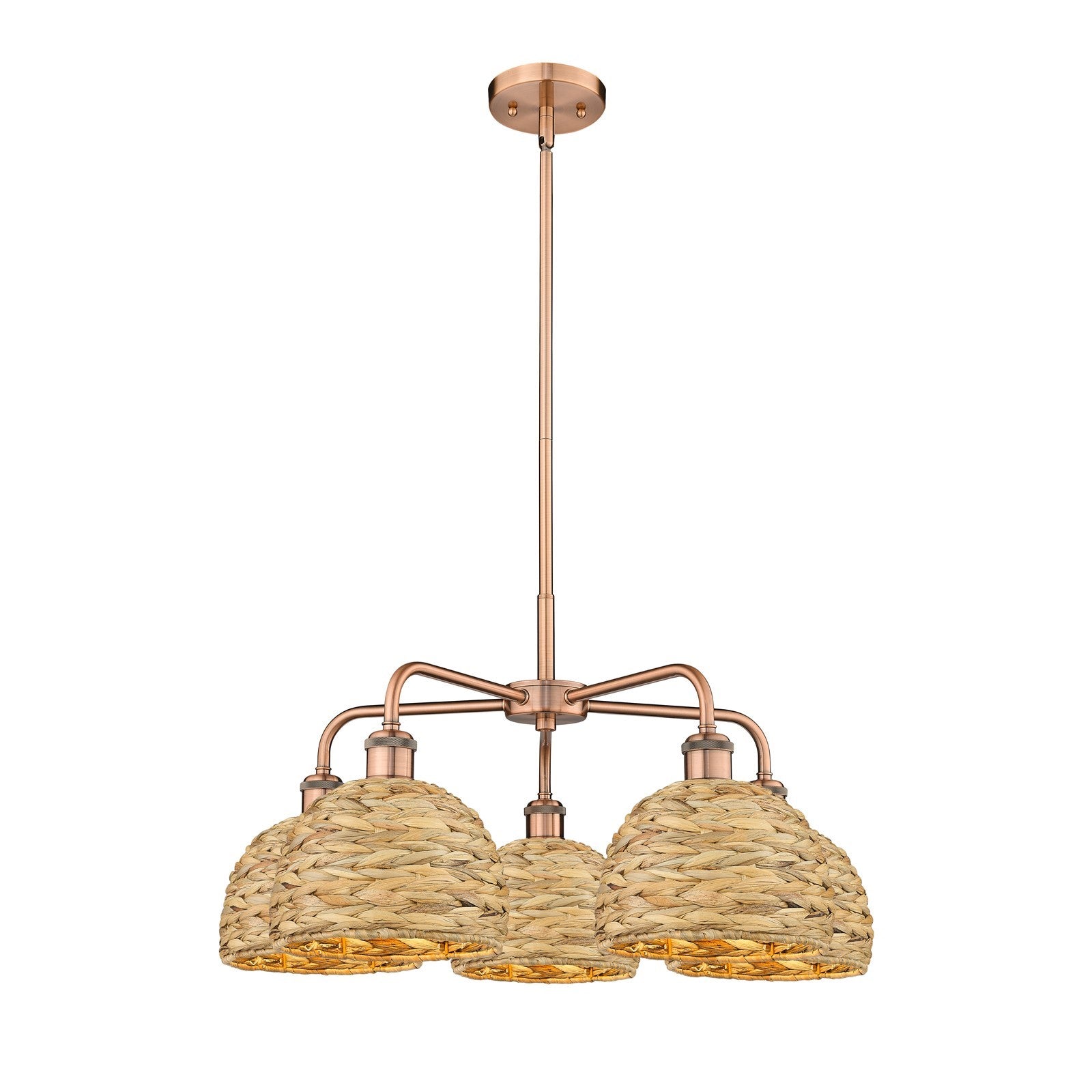 Innovations Woven Rattan 27in 5-Light Chandelier | Industrial Antique Copper and Natural Fiber | Dining Room & Living Room | Model 516-5CR-AC-RBD-8-NAT