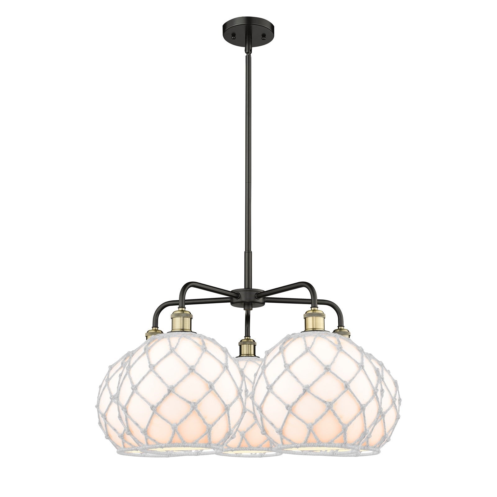 Innovations Farmhouse Rope 29in 5-Light Chandelier | Industrial Black Antique Brass and White Glass with Rope Shade | Model 516-5CR-BAB-G121-10RW
