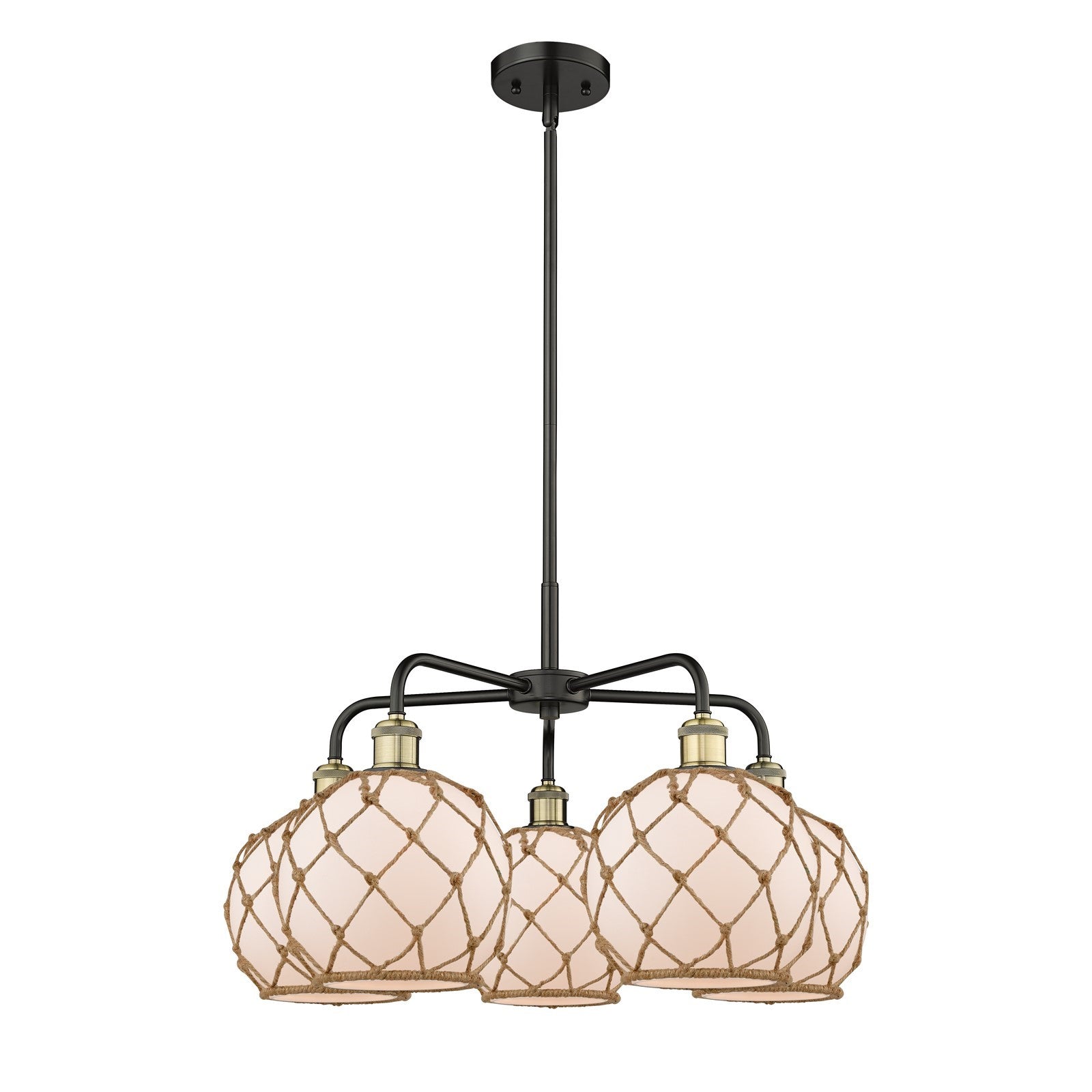 Innovations Farmhouse Rope 27in 5-Light Chandelier | Industrial Black Antique Brass and White Glass with Brown Rope | Dining | Model 516-5CR-BAB-G121-8RB