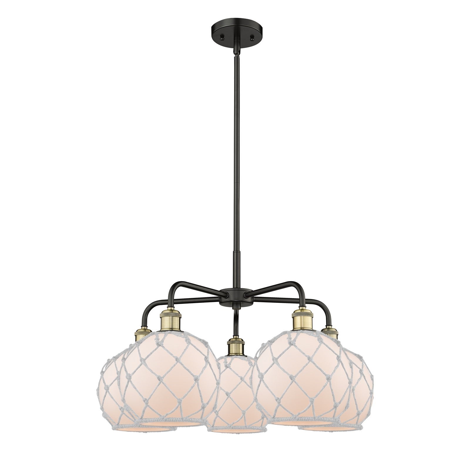 Innovations Farmhouse Rope 27in 5-Light Chandelier | Industrial Black Antique Brass and White Frosted Glass with Rope | Model 516-5CR-BAB-G121-8RW