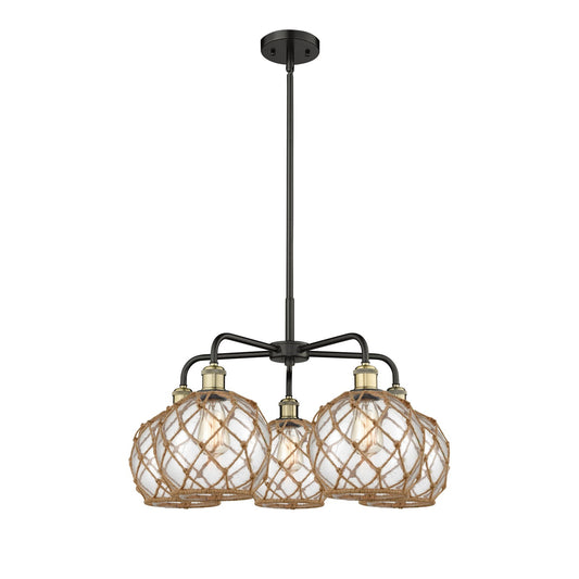 Innovations Farmhouse Rope 27in 5-Light Chandelier | Industrial Black Antique Brass and Clear Glass Brown Rope | Dining Room | Model 516-5CR-BAB-G122-8RB