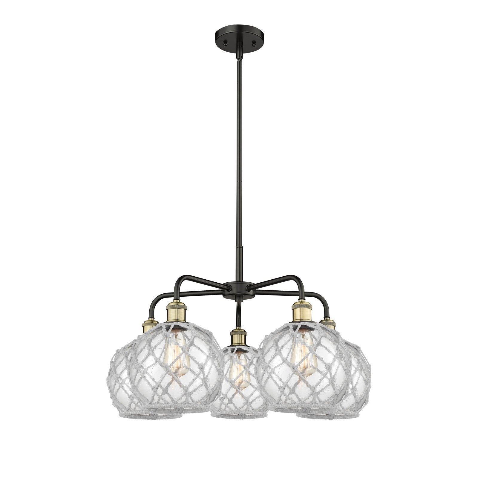 Innovations Farmhouse Rope 27in 5-Light Chandelier | Industrial Black Antique Brass and Clear Glass with White Rope | Dining | Model 516-5CR-BAB-G122-8RW