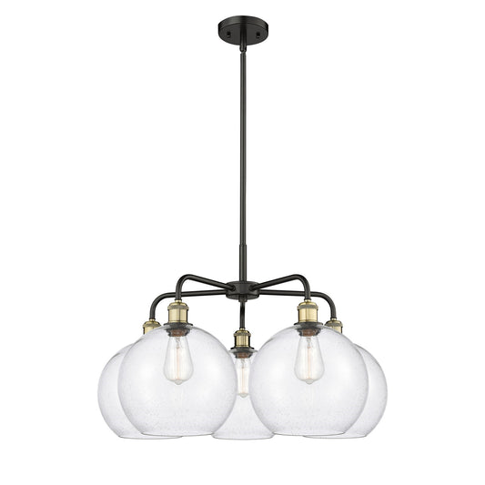 Innovations Athens 28in 5-Light Chandelier | Industrial Black Antique Brass Steel and Seedy Glass | Damp-Rated Dining Room & | Model 516-5CR-BAB-G124-10