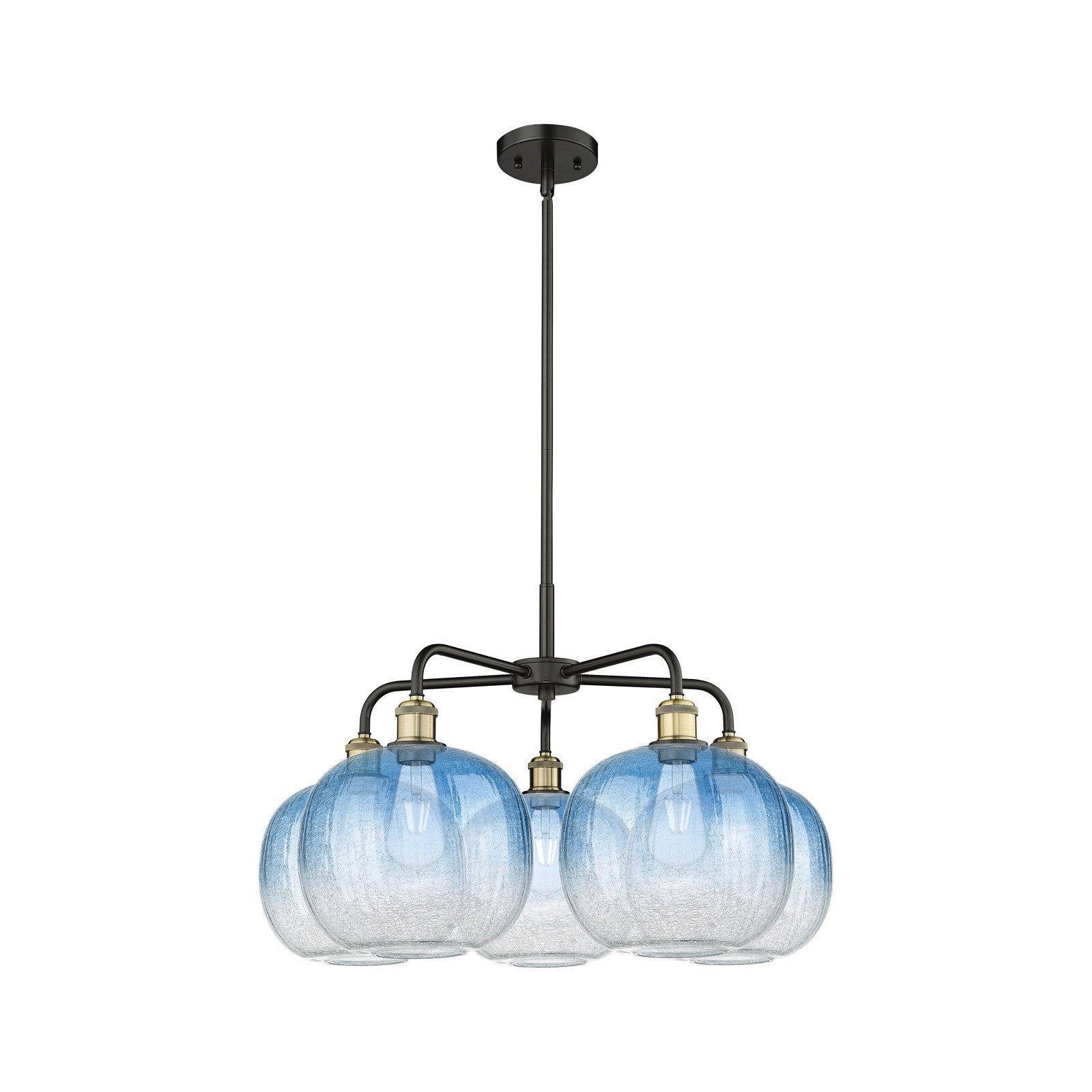 Innovations Brookhaven Sphere 29in 5-Light Chandelier | Industrial Black Antique Brass and Sapphire Blue Glass | Kitchen | Model 516-5CR-BAB-G481-10SB