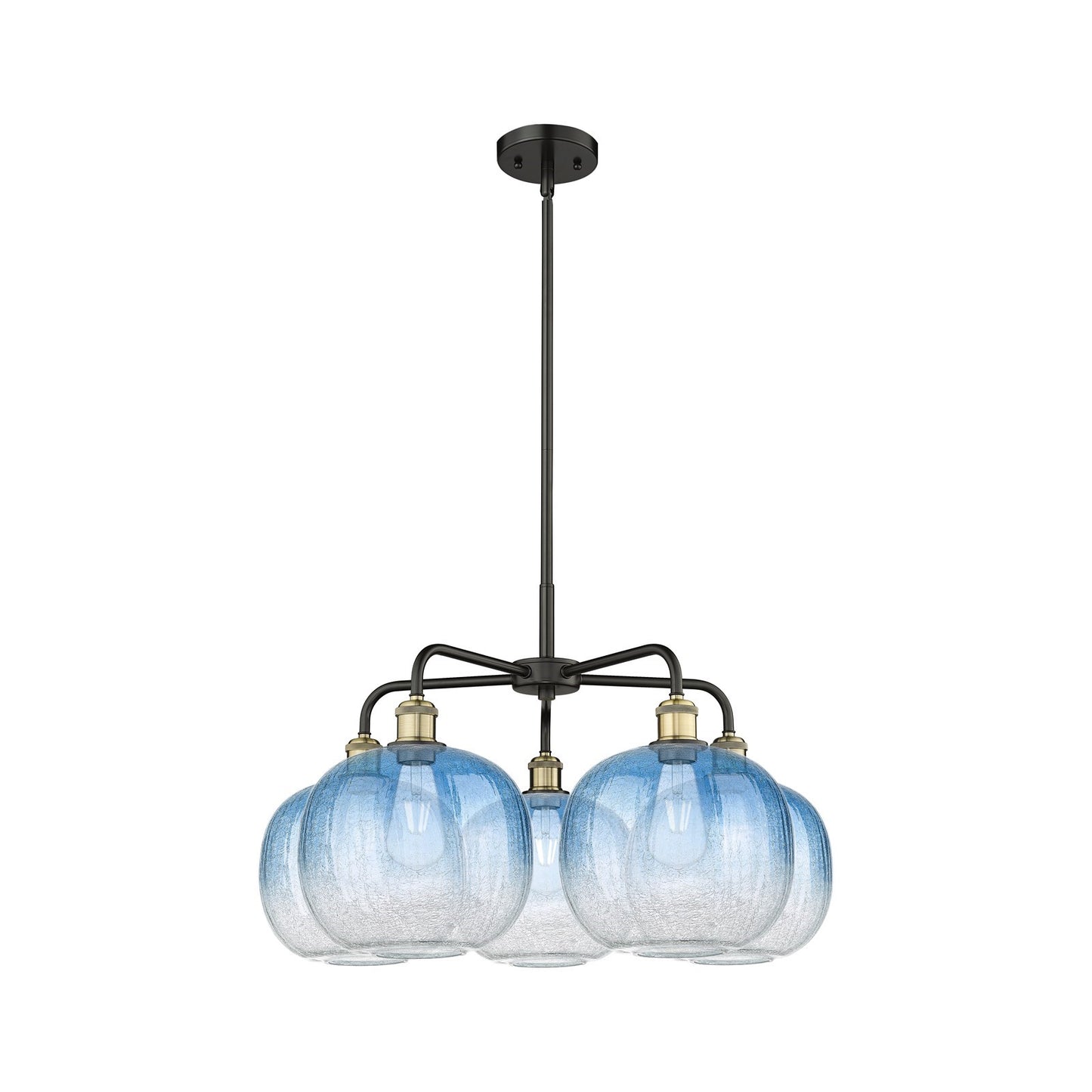 Innovations Brookhaven Sphere 29in 5-Light Chandelier | Industrial Black Antique Brass and Sapphire Blue Glass | Kitchen | Model 516-5CR-BAB-G481-10SB